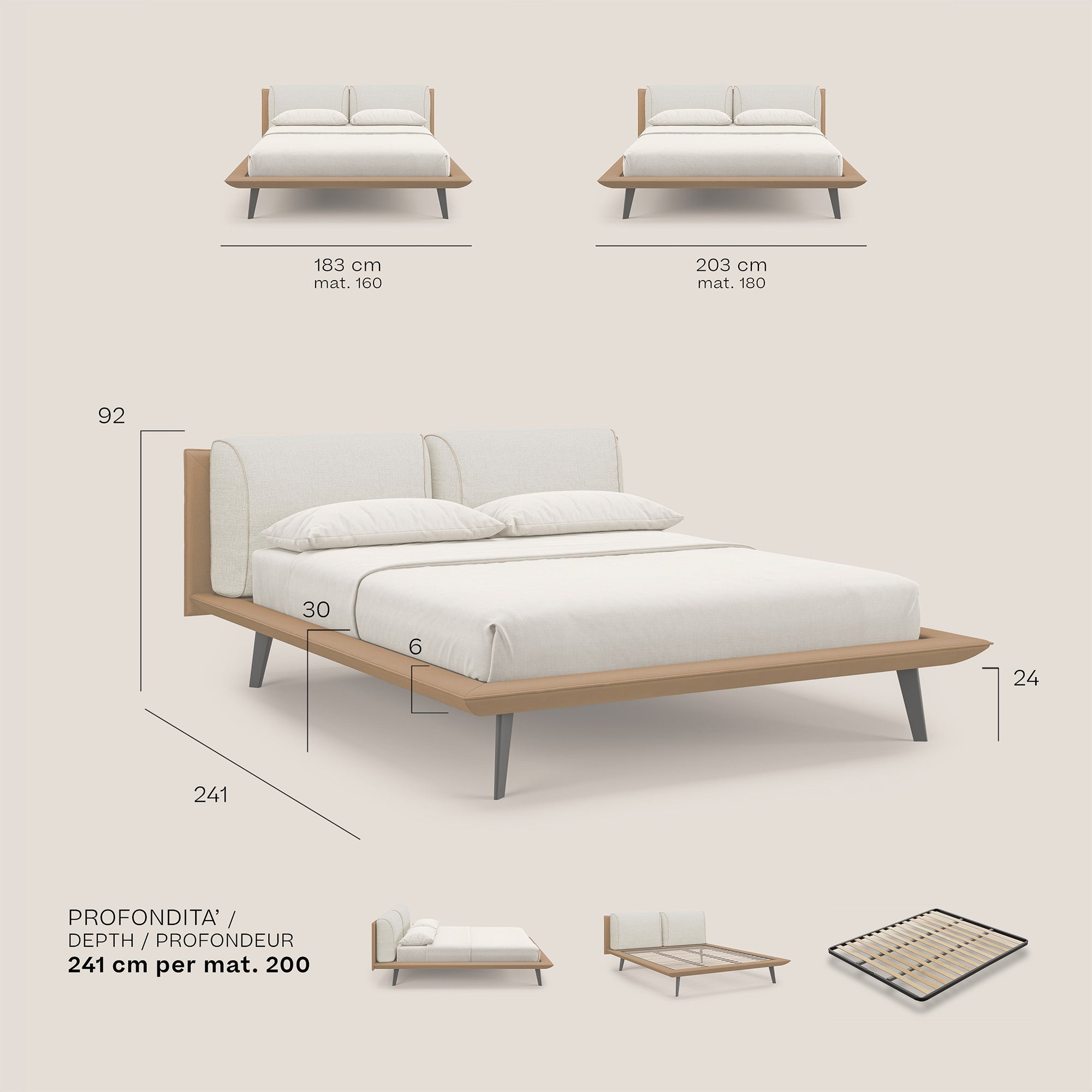 Petra letto di design bicolore con cuscini in piuma, piedini in mogano e tessuto impermeabile blu - divani.store