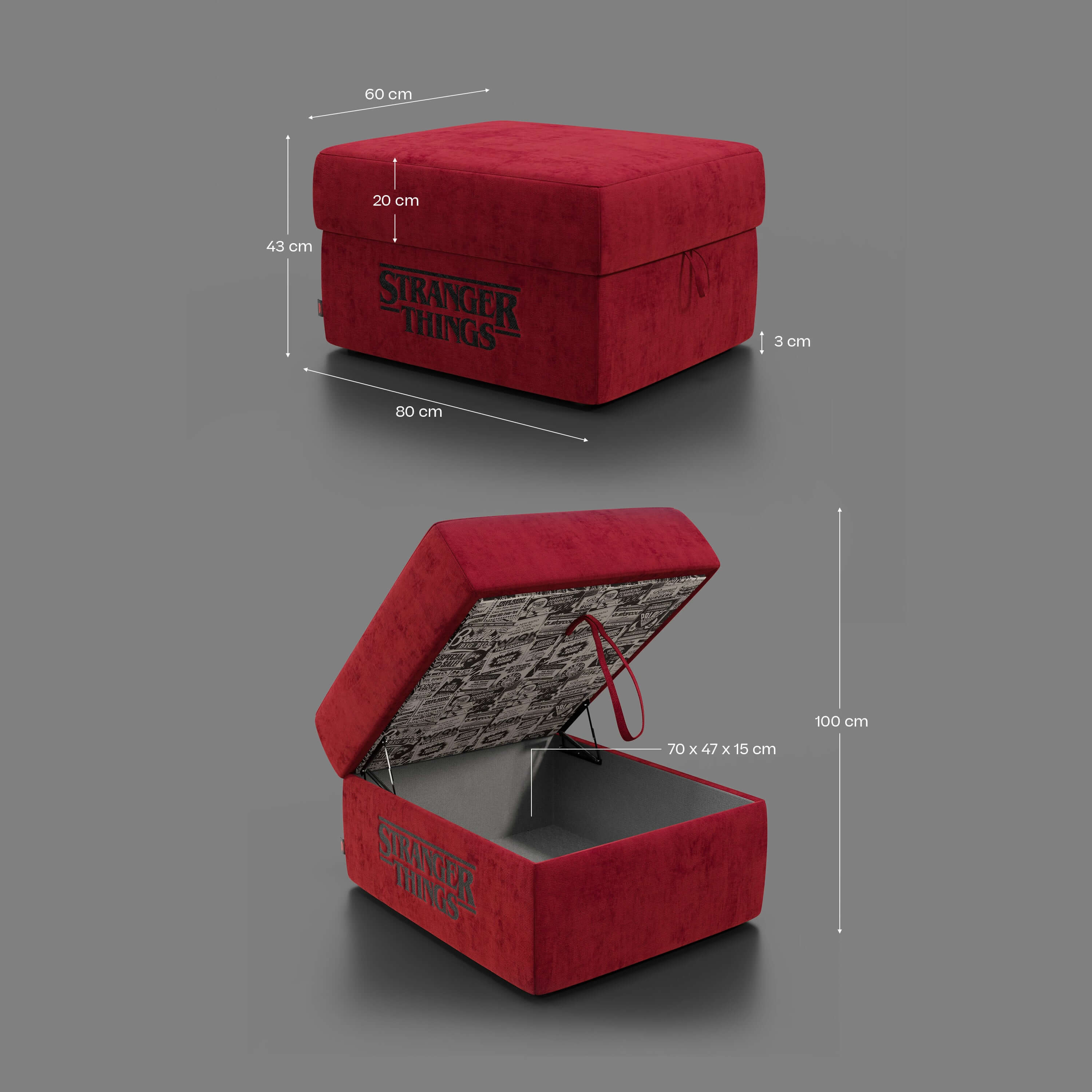 Il pouf Sun Contenitore Stranger Things Edition di Divani.Store è un pouf quadrato (60x80 cm, tessuto smacchiabile) di colore rosso con scritta "Stranger Things" sul fronte e contenitore all'interno, raffigurato con dimensioni ed etichette su sfondo grigio.