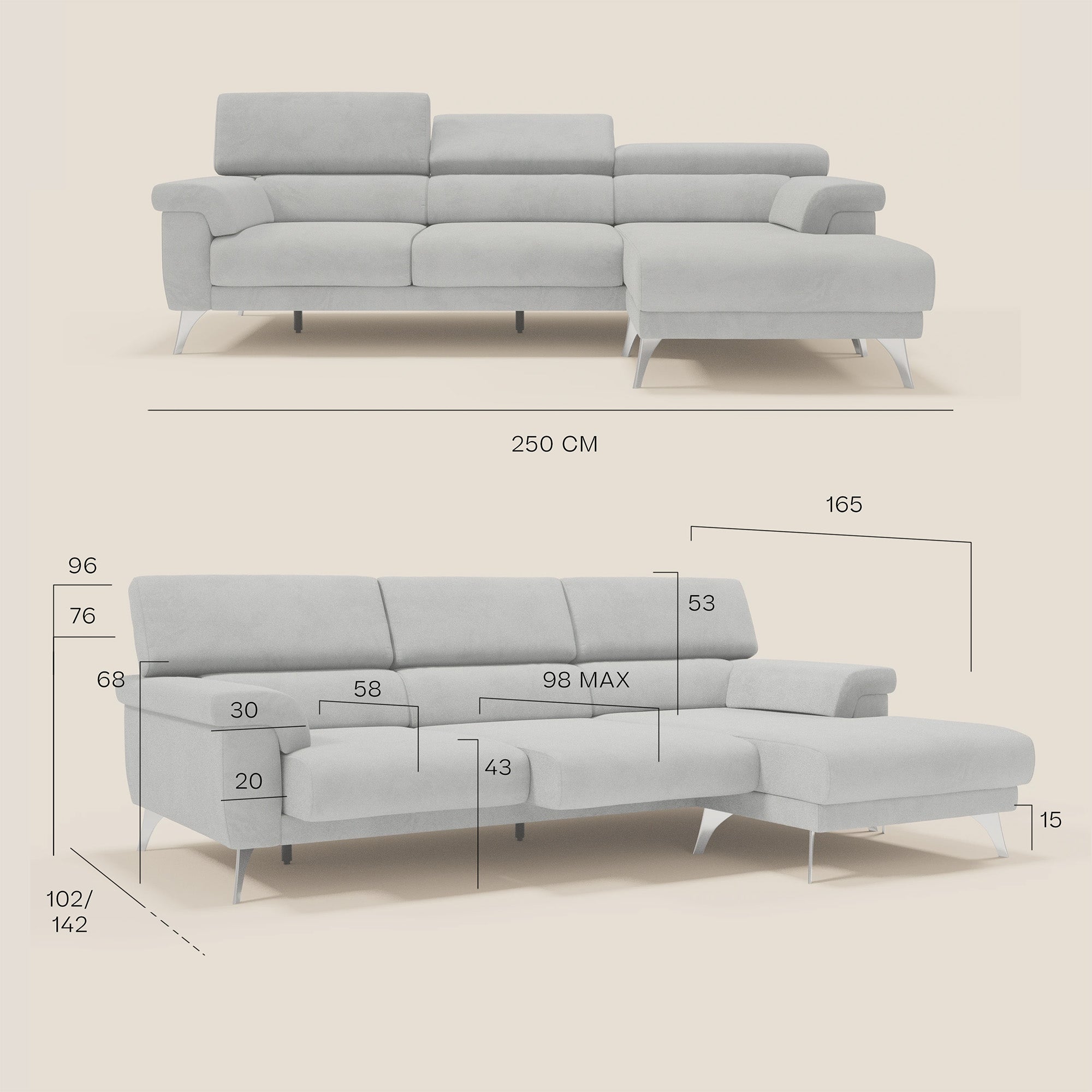 Raffaello Ecksofa mit verschiebbaren Sitzen und verstellbaren Kopfstützen aus abwaschbarer Mikrofaser T11