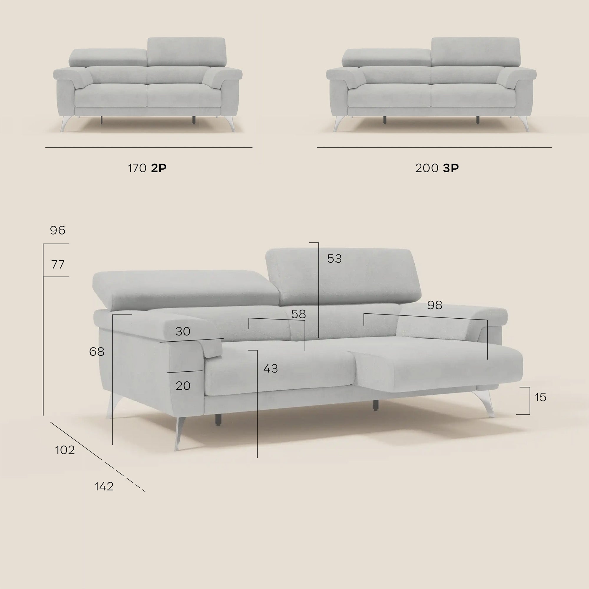 Raffaello Sofa mit ausziehbaren Sitzen und verstellbaren Kopfstützen aus abwaschbarer Mikrofaser T11 gelb