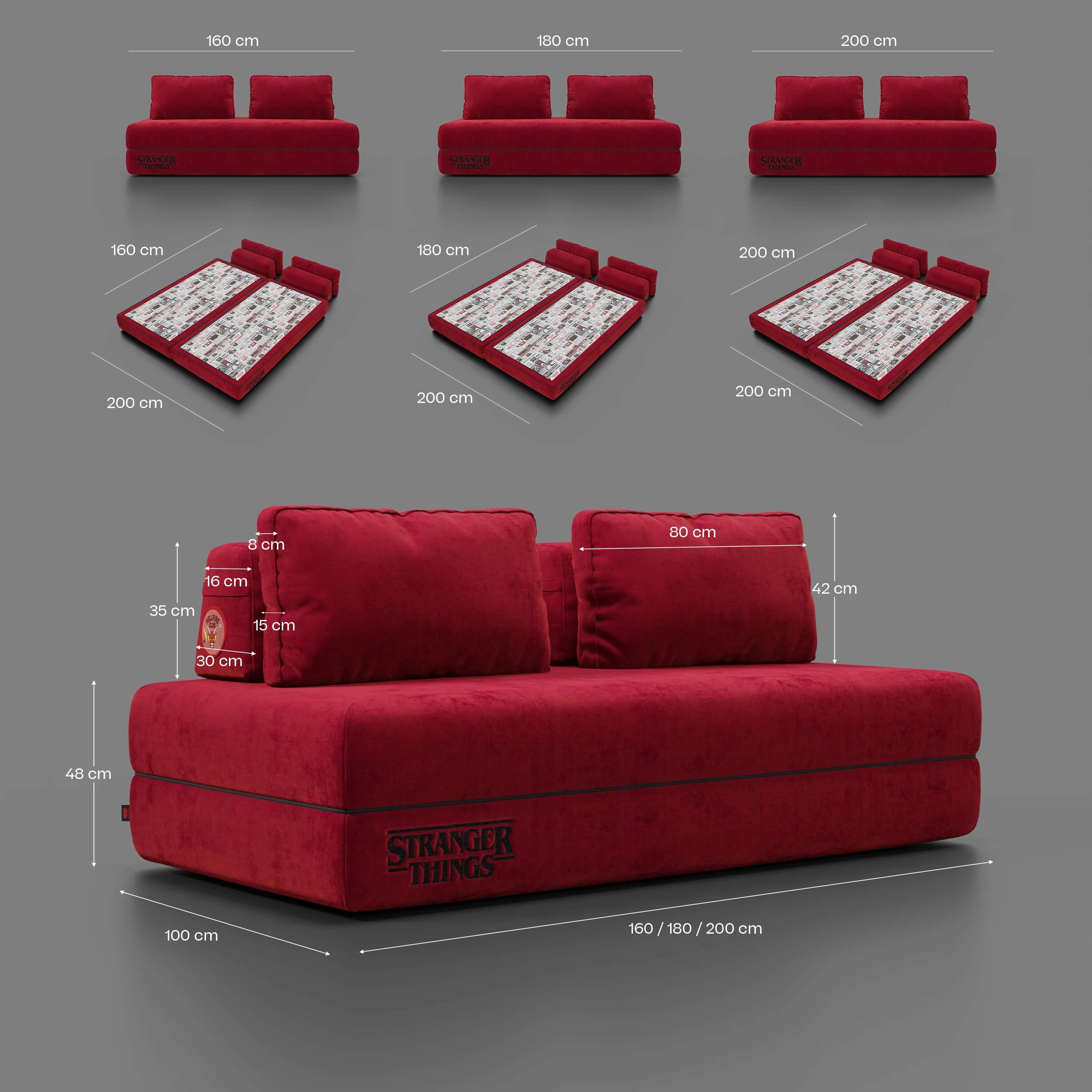 Rift Schlafsofa STRANGER THINGS Edition 2-Sitzer und 3-Sitzer mit beweglichen Rückenlehnen – 22 cm hohe Matratze und Memory- Foam aus abwaschbarem Stoff rot