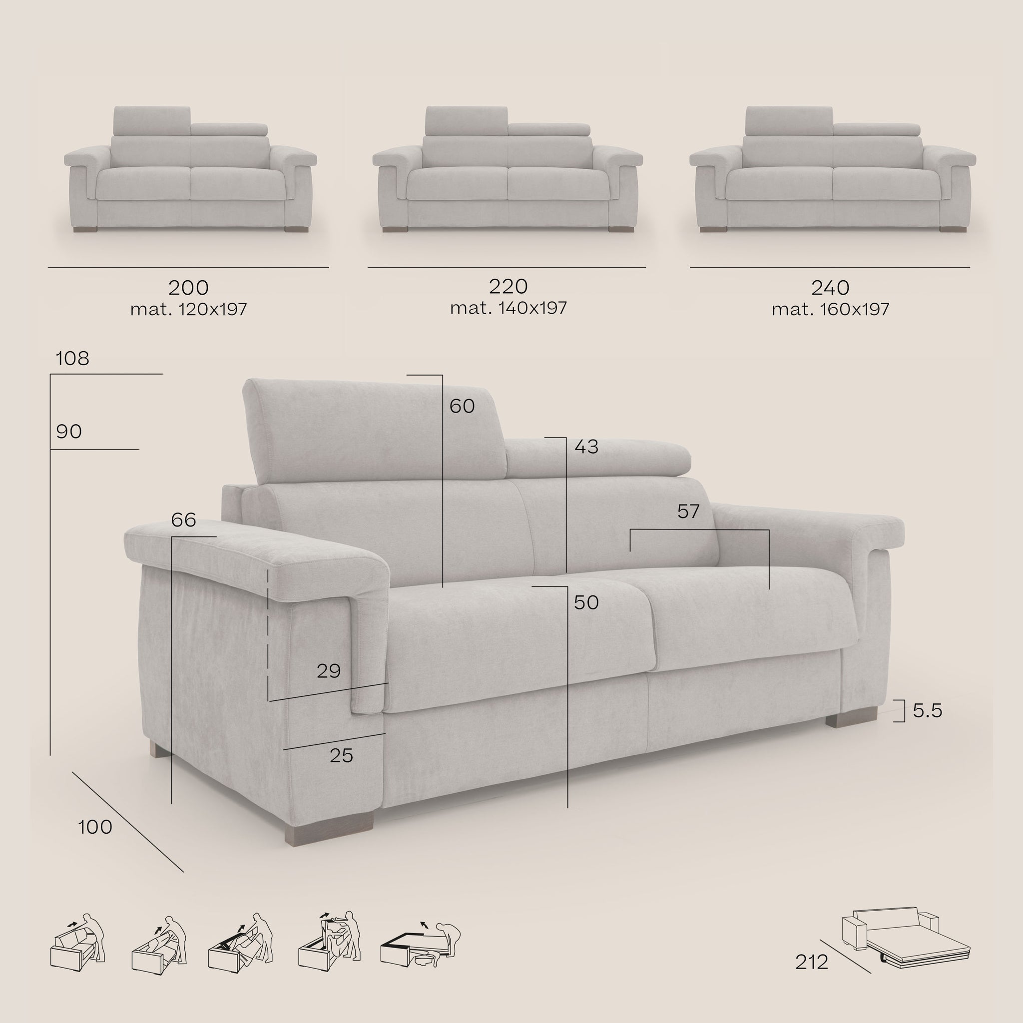 Bjorn Schlafsofa 220 cm (mat. 140x197 cm) mit H18 cm Matratze aus wasserfestem Stoff T02 GRAU