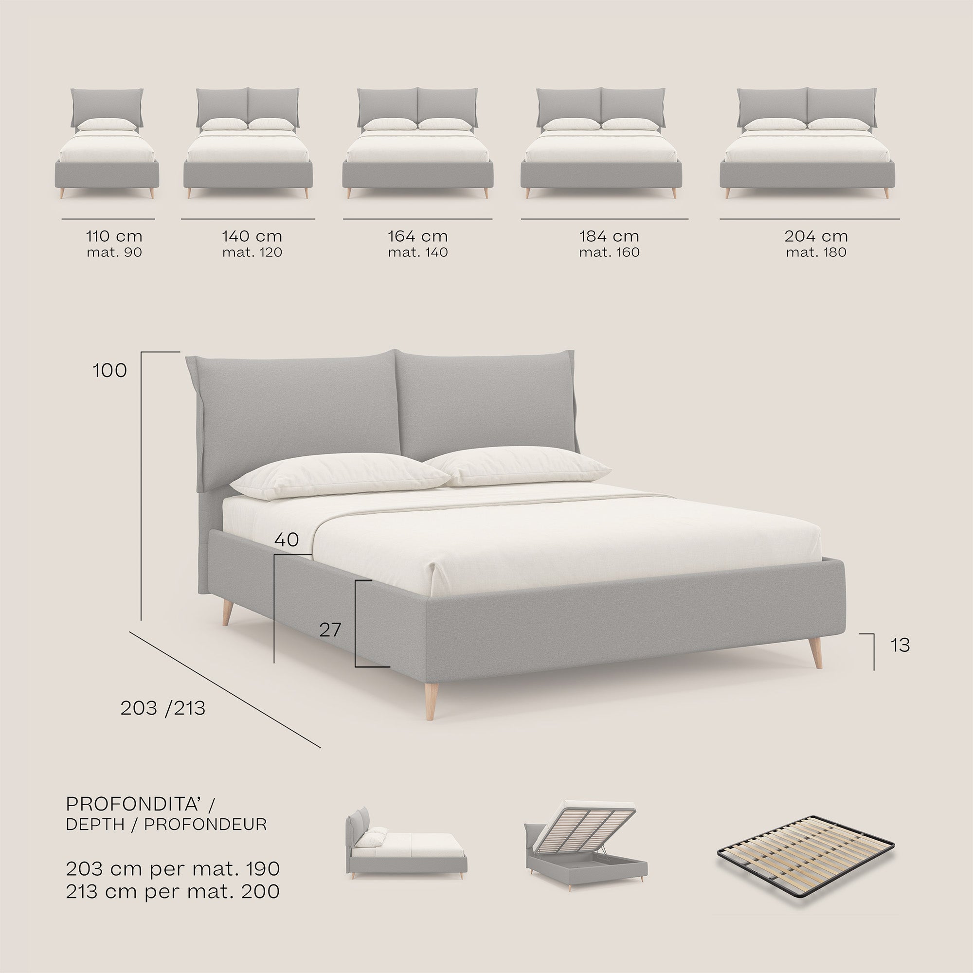 Elettra gepolstertes und abziehbares Boxspringbett mit Kopfteilkissen aus wasserfestem Stoff T13