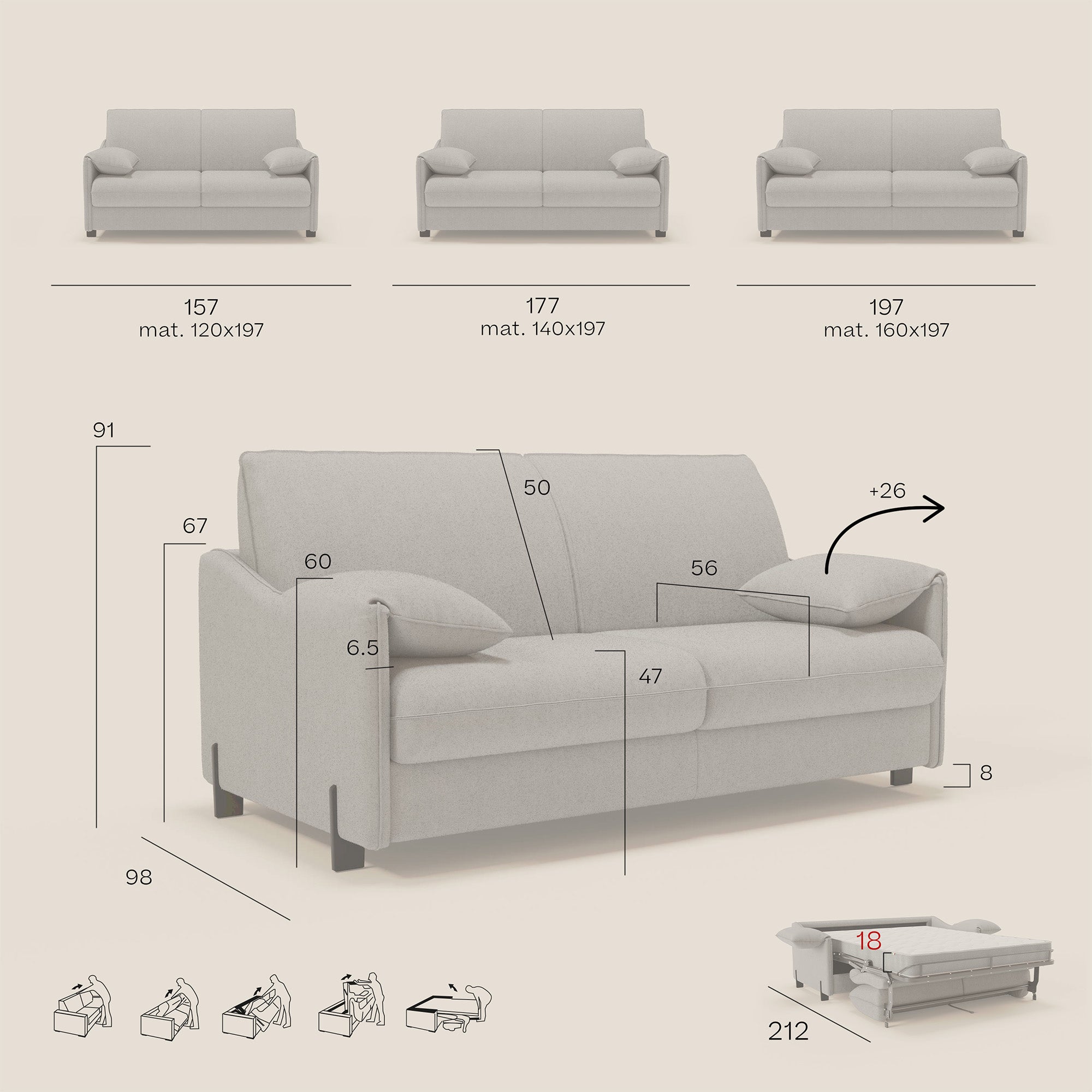 Primula divano letto con materasso alto 18 cm - braccioli mobili e tessuto smacchiabile T05 - divani.store