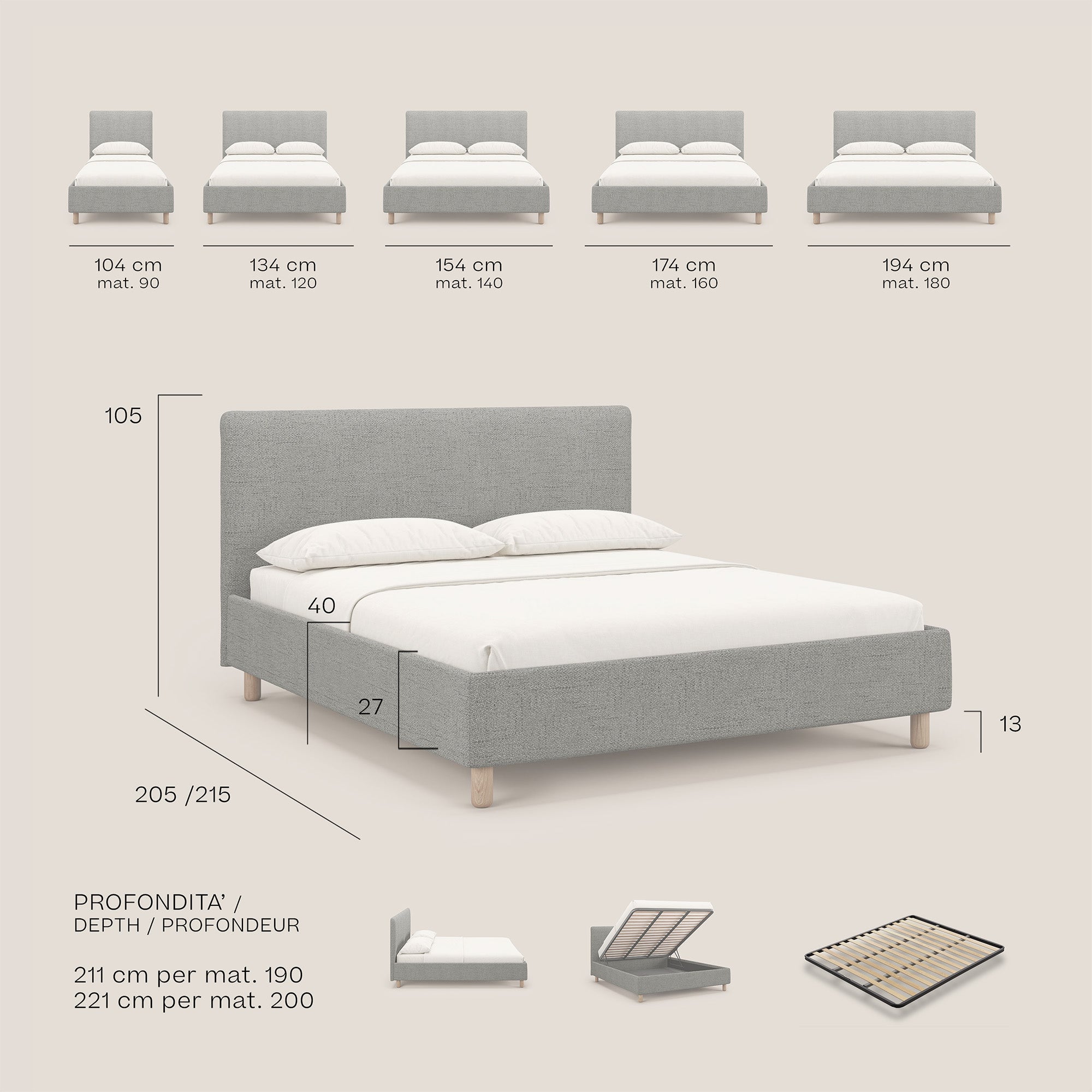 Serena Skandinavisches platzsparendes Boxspringbett aus wasserfestem geflammtem Stoff T03