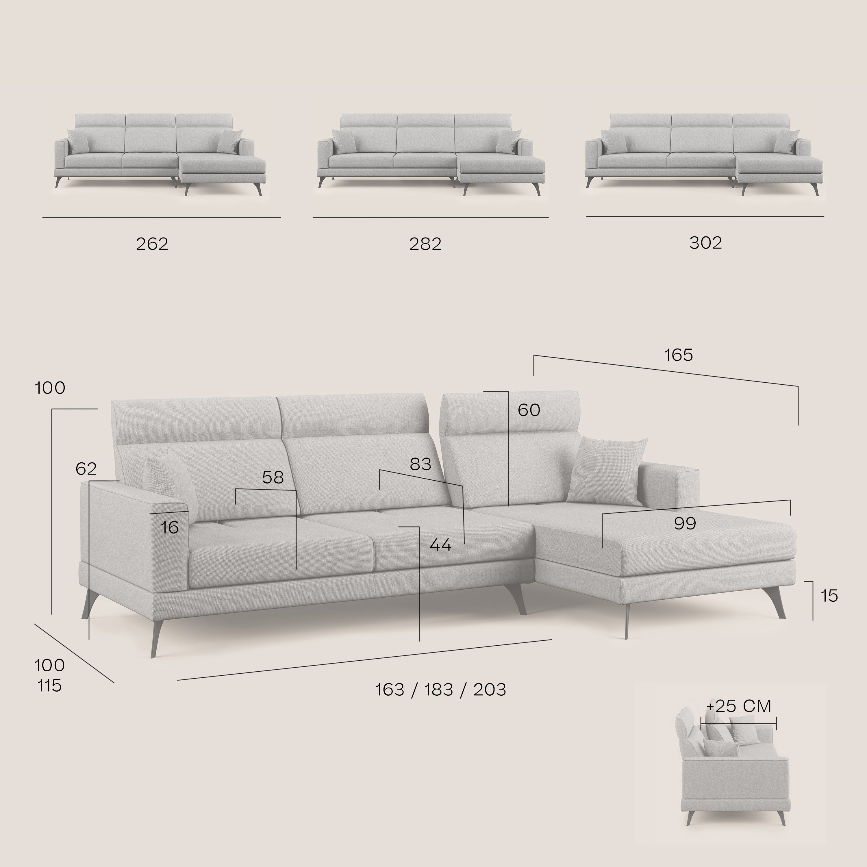 Slide Divano angolare con schienali traslanti e poggiatesta regolabili in tessuto smacchiabile T05 antracite - divani.store