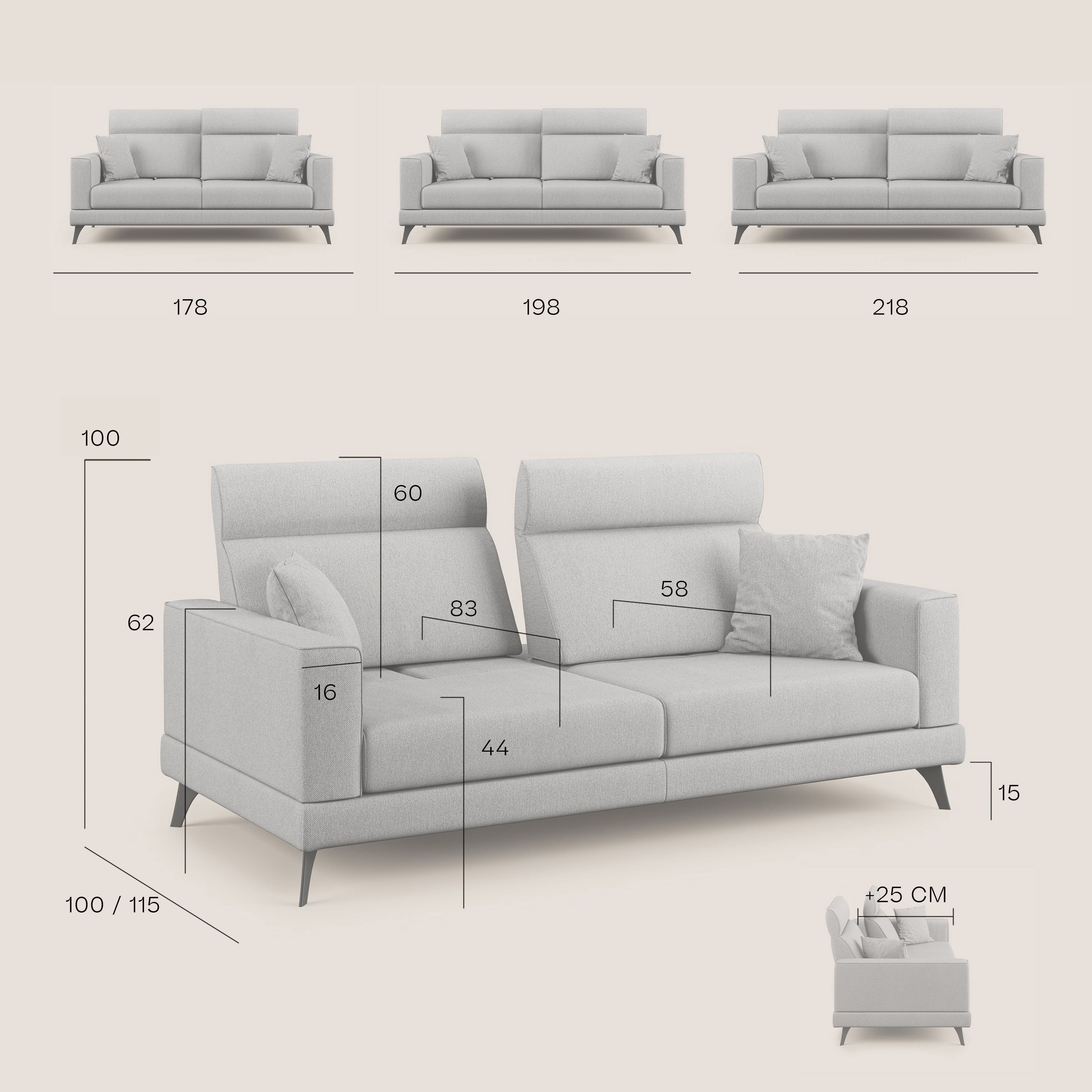 Slide Divano con schienali traslanti e poggiatesta in tessuto simil cotone impermeabile T19 grigio - divani.store