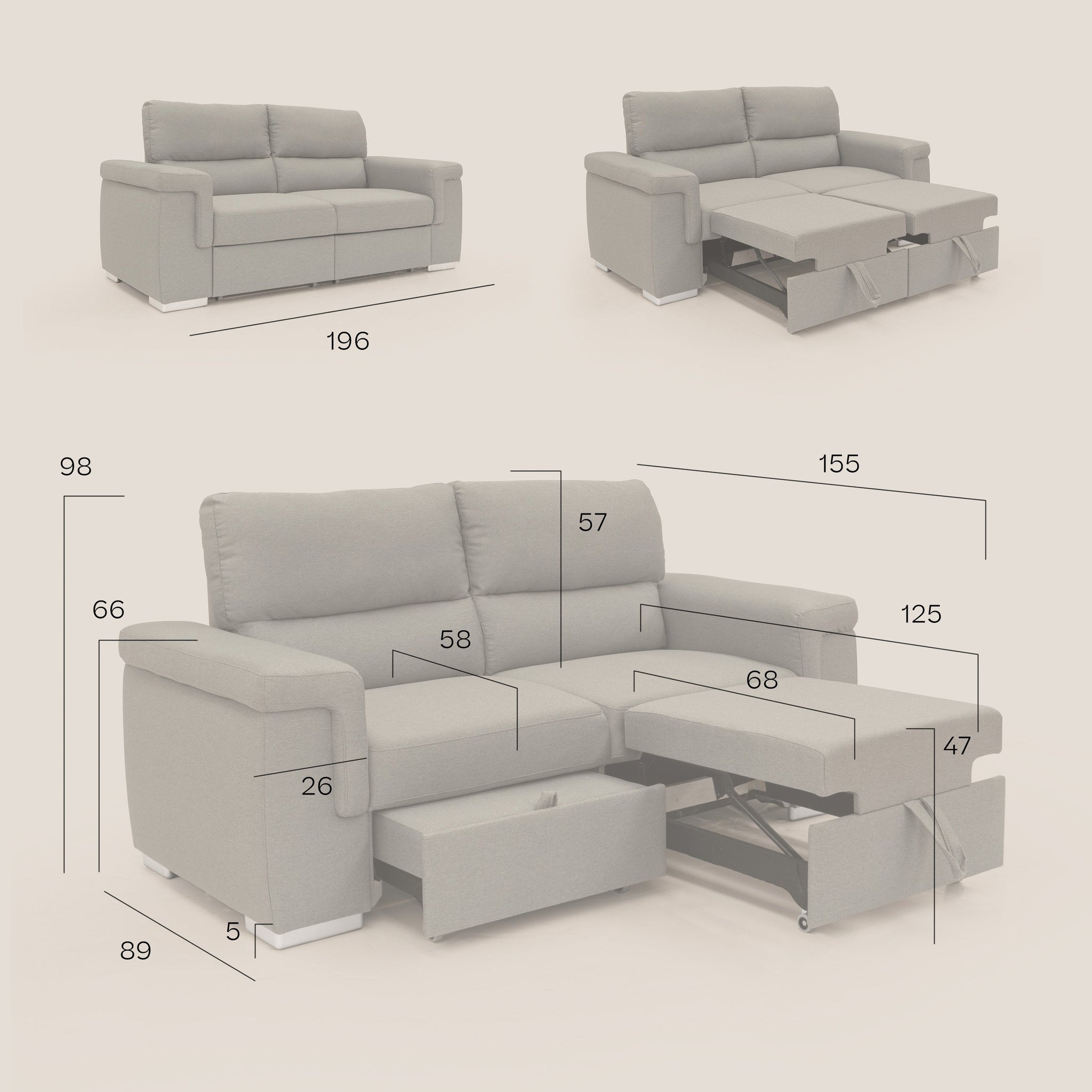 Spazio Sofa mit 2 ausziehbaren Ottomanen aus wasserfestem baumwollähnlichem Stoff T13