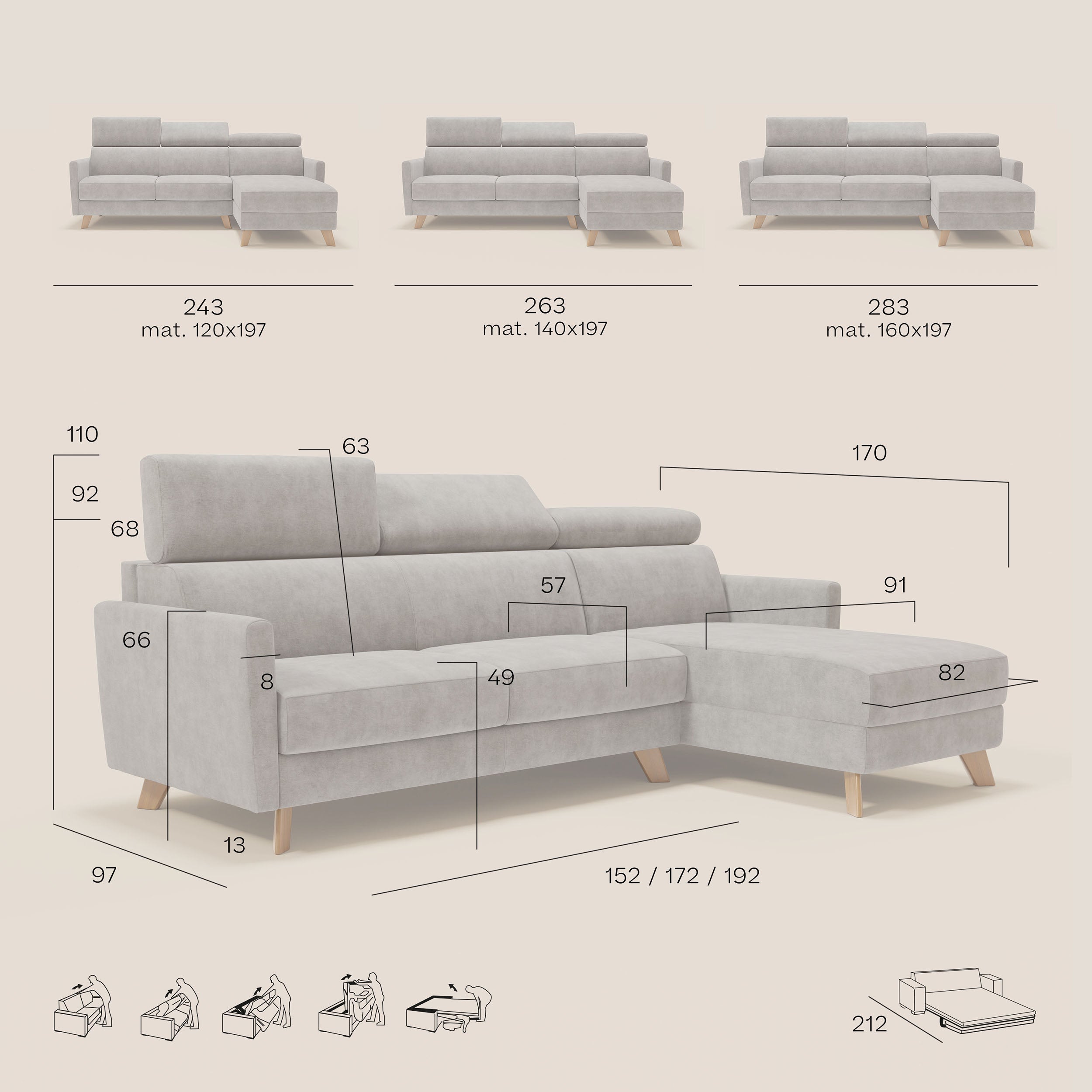 Il divano letto angolare sfoderabile Francy di Divani.Store è presentato in tessuto rosso antimacchia T17 con chaise longue e poggiatesta reclinabili. Disponibile nelle lunghezze 243, 263 o 283 cm; le dimensioni principali e le icone di disposizione sono chiaramente indicate.