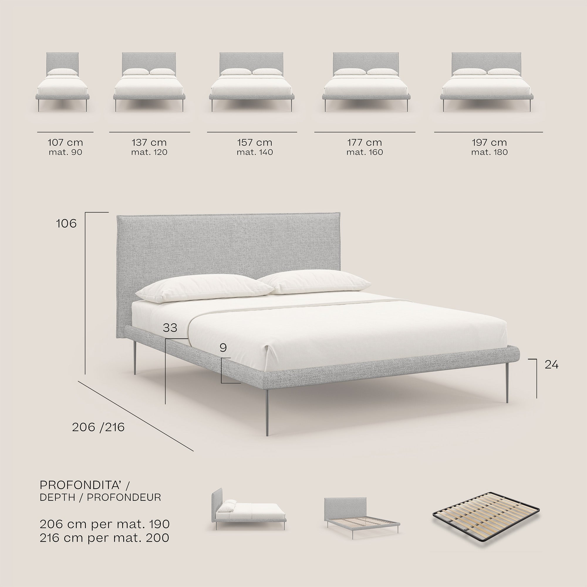 Theo letto imbottito moderno sfoderabile con piedi alti in metallo in tessuto impermeabile T10 arancio - divani.store