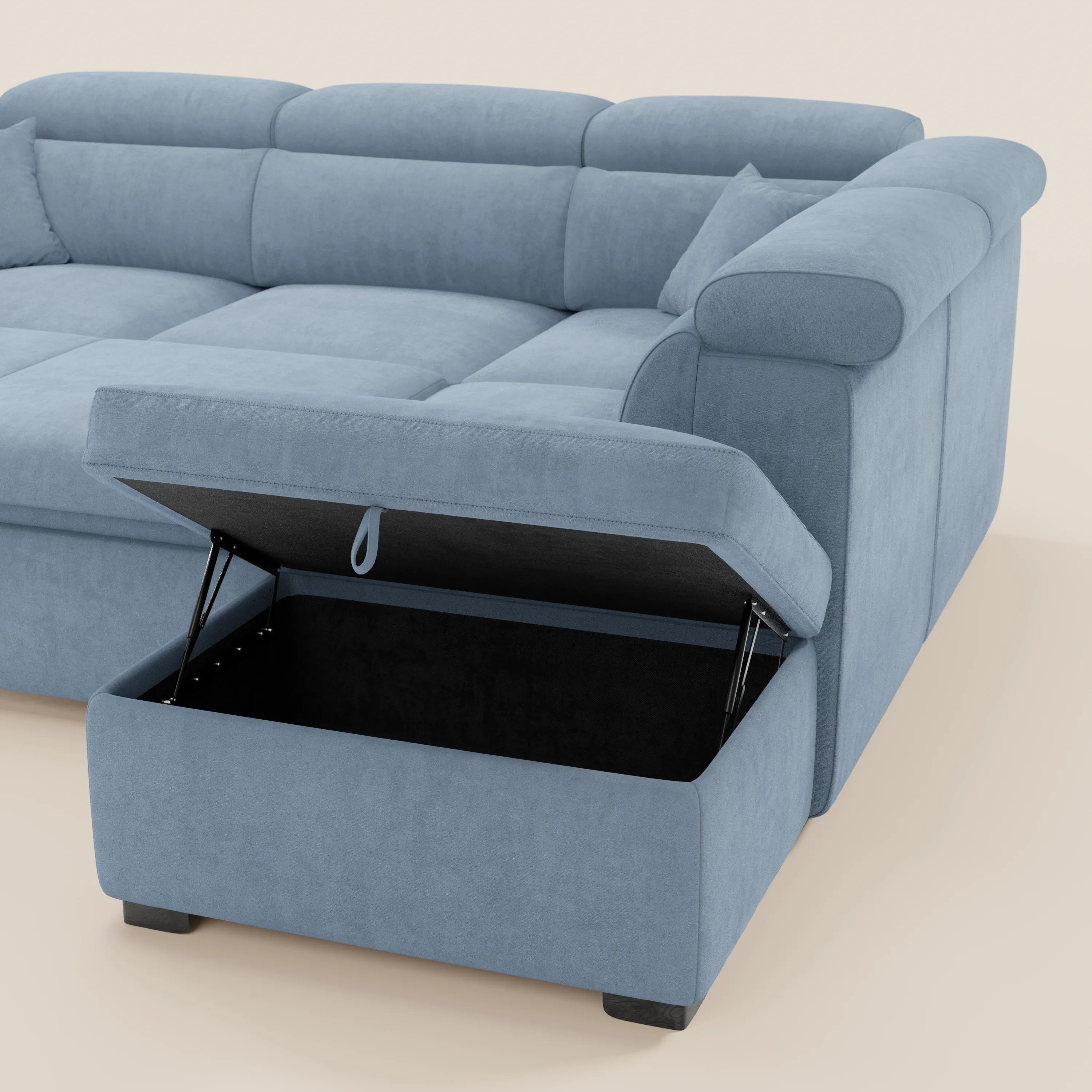 Il divano angolare reversibile Titano di Divani.Store è dotato di letto estraibile, pouf contenitore, poggiatesta reclinabili e tessuto smacchiabile certificato Oeko-Tex® per garantire comfort e praticità.