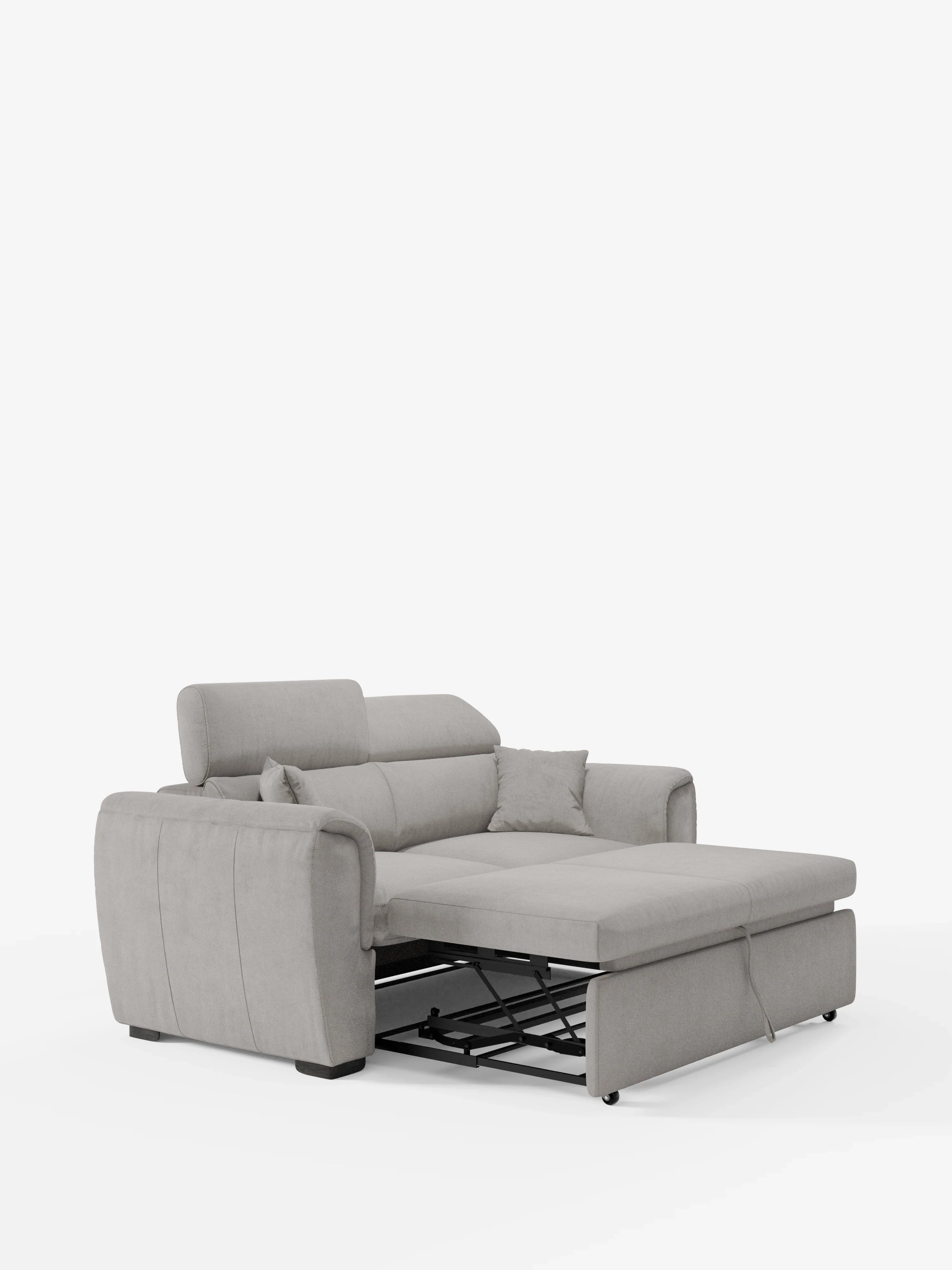 Un divano a 2 posti estraibile Titano di colore grigio chiaro di Divani.Store, caratterizzato da ampi braccioli, poggiatesta reclinabili e una sezione estraibile che si allunga per formare un letto, con il meccanismo "a delfino" visibile nella parte inferiore. Sono inclusi due cuscini coordinati. Il divano è rivestito in tessuto antimacchia Oeko-Tex® e si presenta su uno sfondo bianco a tinta unita.