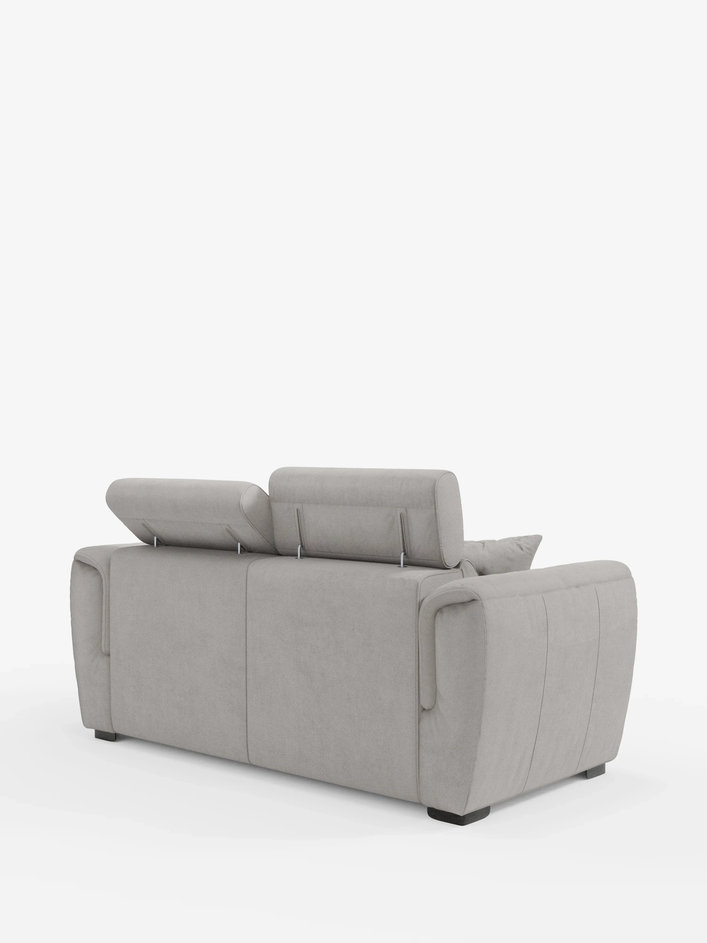 Il divano a due posti estraibile Titano di Divani.Store, in grigio chiaro, è ripreso da dietro e presenta due poggiatesta reclinabili e braccioli curvi. Rivestito in tessuto Oeko-Tex® liscio e facile da pulire, questo divano compatto e moderno poggia su piccole gambe nere e si staglia su uno sfondo bianco a tinta unita.