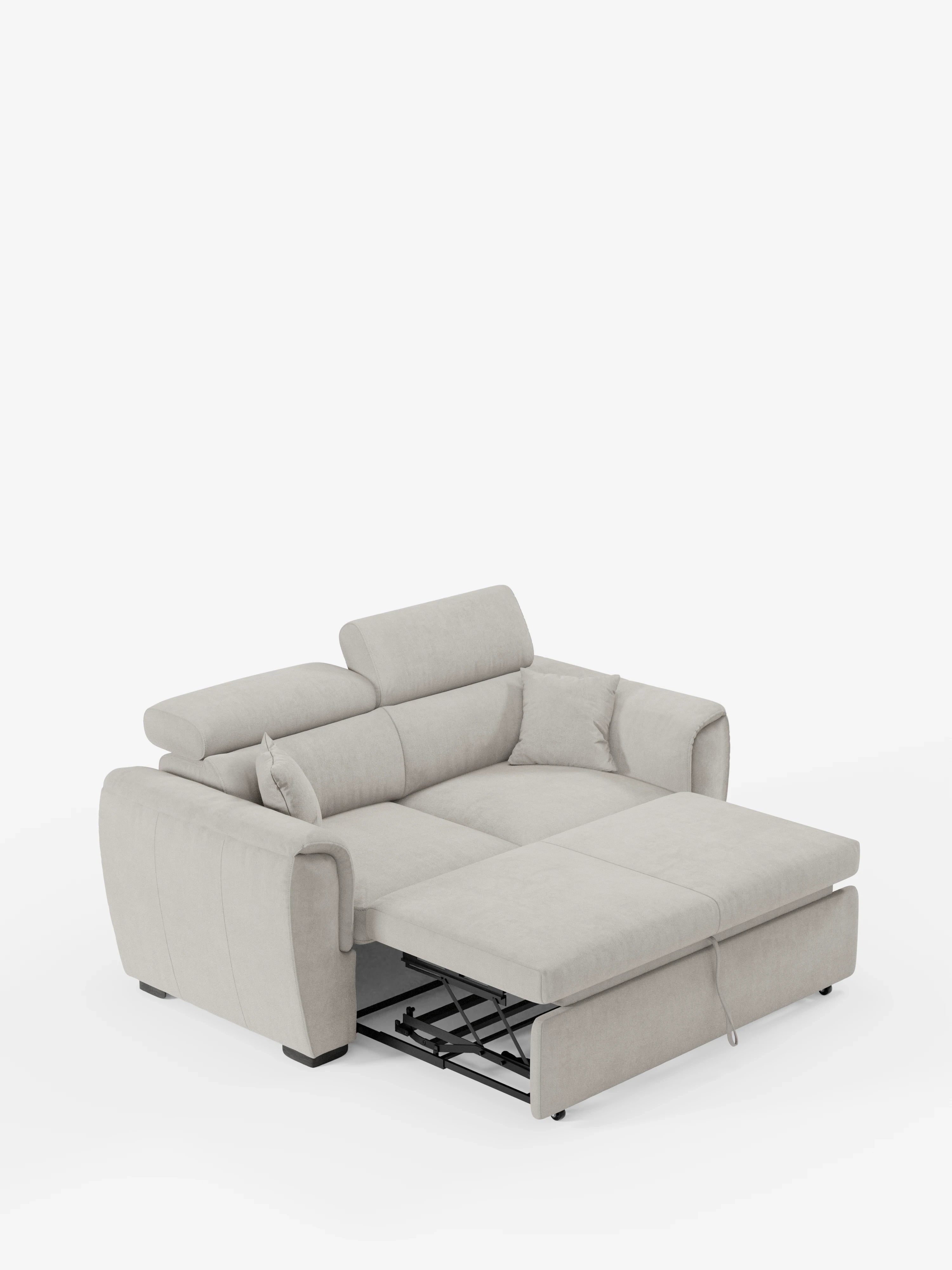 Nella foto è raffigurato il divano Titano a 2 posti estraibile con poggiatesta reclinabili in tessuto smacchiabile Oeko-Tex® di Divani.Store, un divano contemporaneo di colore grigio chiaro dotato di poggiatesta regolabili. La sua funzione letto si avvale di un meccanismo a delfino: una volta estratto, rivela una robusta struttura in metallo e trasforma il divano compatto in una spaziosa zona notte. Il design moderno risalta sullo sfondo bianco a tinta unita.