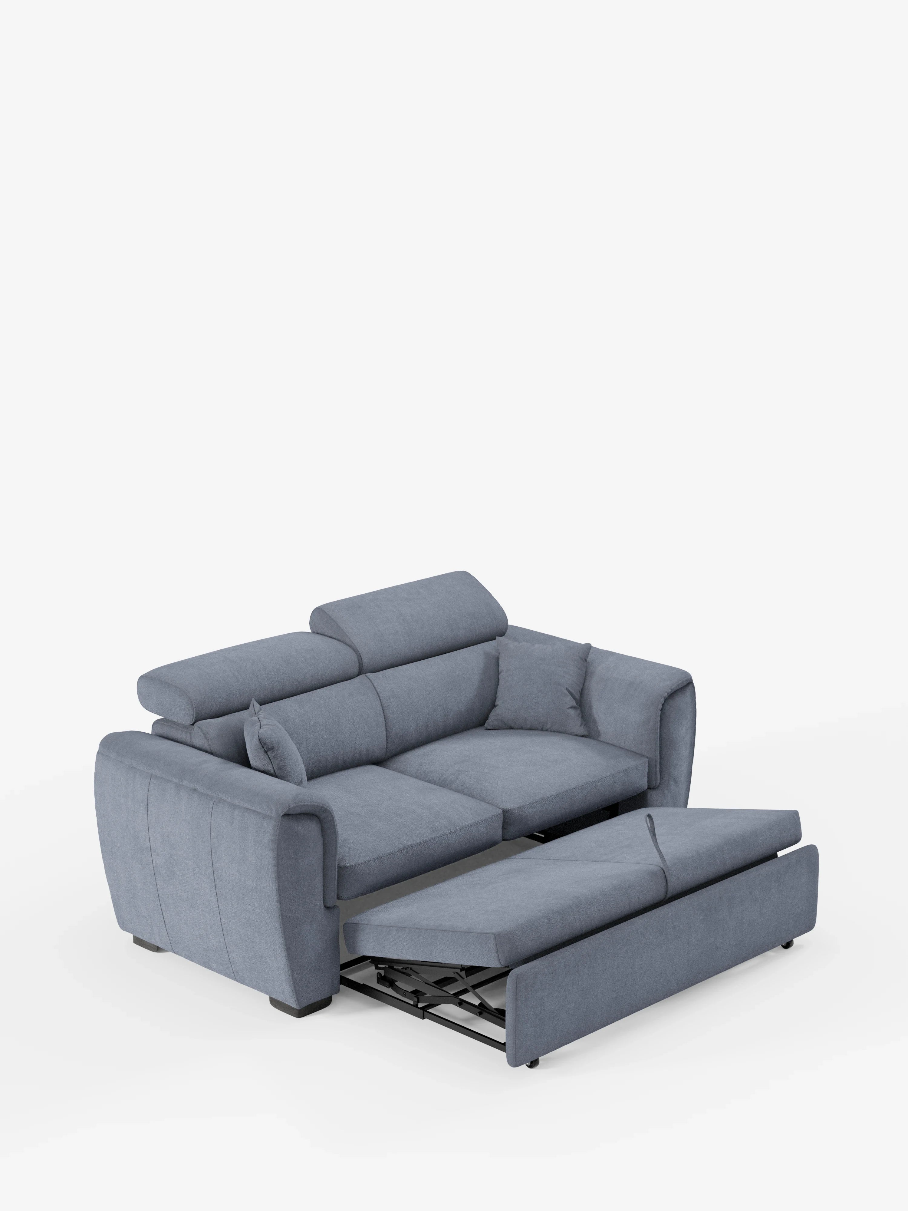 Il divano a 2 posti estraibile Titano con poggiatesta reclinabili in tessuto smacchiabile Oeko-Tex® di Divani.Store è disponibile in un rivestimento contemporaneo di colore azzurro. I poggiatesta regolabili e la pratica sezione estraibile trasformano facilmente il divano in un letto. Questo moderno complemento d’arredo poggia su corte gambe nere ed è messo in risalto da uno sfondo bianco a tinta unita.