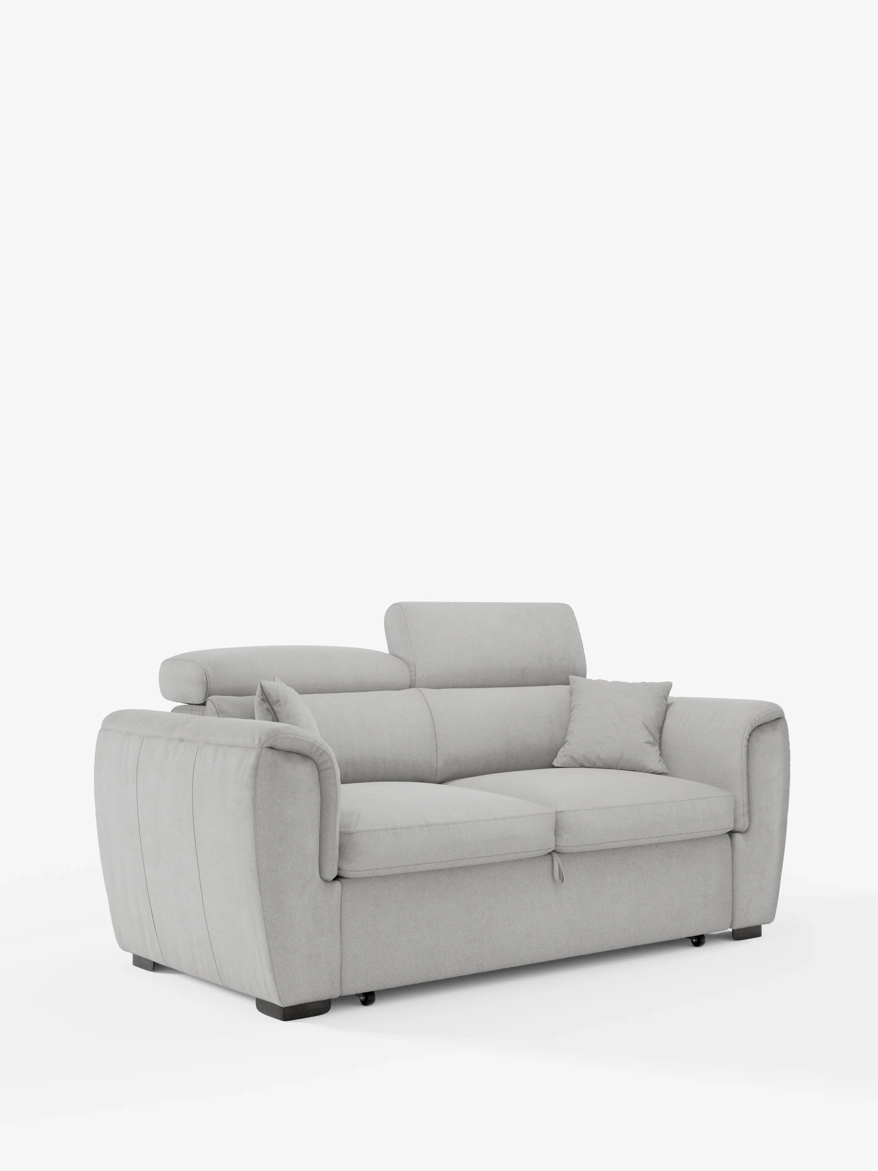 Il divano a 2 posti estraibile Titano con poggiatesta reclinabili in tessuto smacchiabile Oeko-Tex® di Divani.Store è un divano a due posti moderno, di colore grigio chiaro, caratterizzato da un'imbottitura morbida, ampi braccioli, due cuscini decorativi abbinati e poggiatesta regolabili, presentato su uno sfondo bianco a tinta unita.