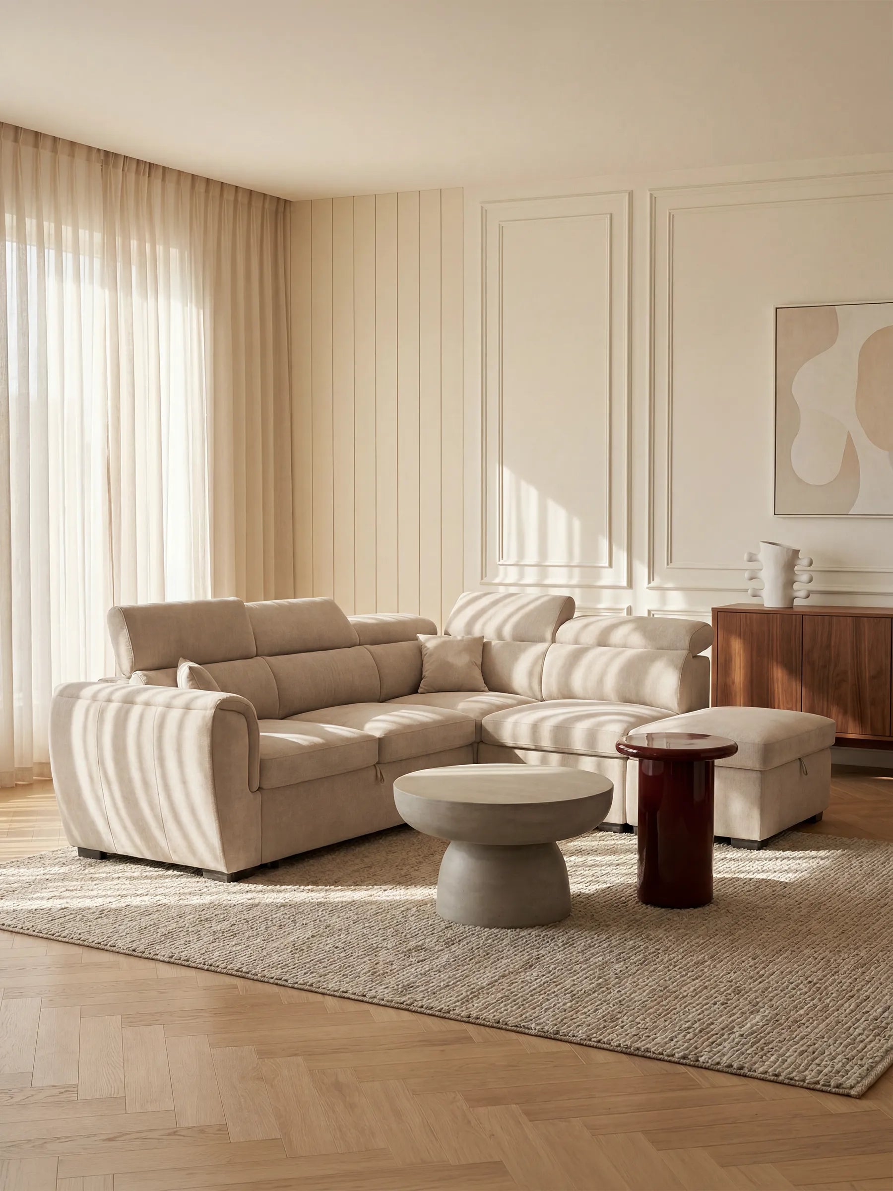 Titano reversibles Ecksofa mit Ausziehfunktion und Stauraum-Pouf – verstellbare Kopfstützen aus schmutzabweisendem Oeko-Tex®-Stoff