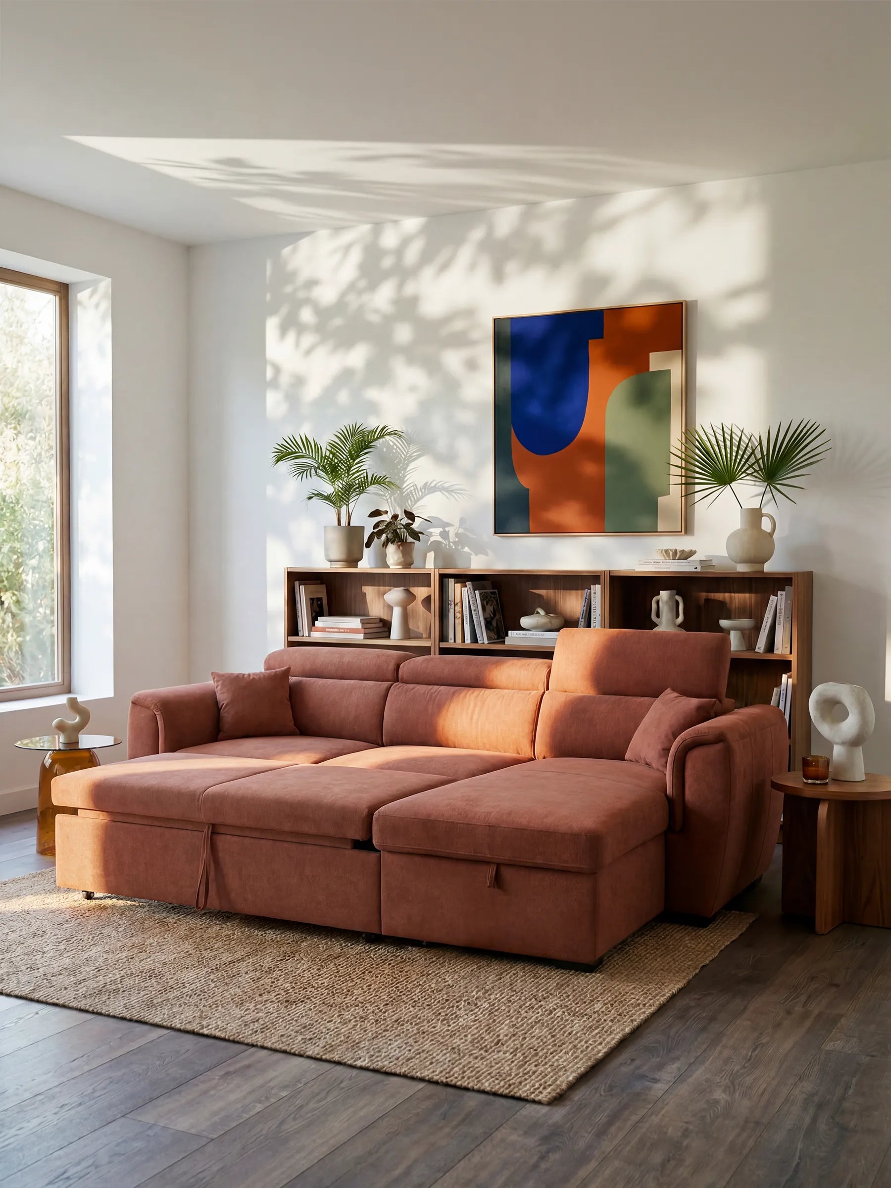 Un divano letto Titano color ruggine con penisola reversibile e contenitore, poggiatesta reclinabili ed elemento estraibile in tessuto smacchiabile di Divani.Store è posizionato su un tappeto intrecciato in un soggiorno moderno e inondato di luce. Dietro di esso, una mensola in legno ospita piante e oggetti decorativi. Opere d’arte astratte alle pareti e il verde valorizzano lo spazio luminoso e minimalista, caratterizzato da ampie finestre e pavimenti in legno.