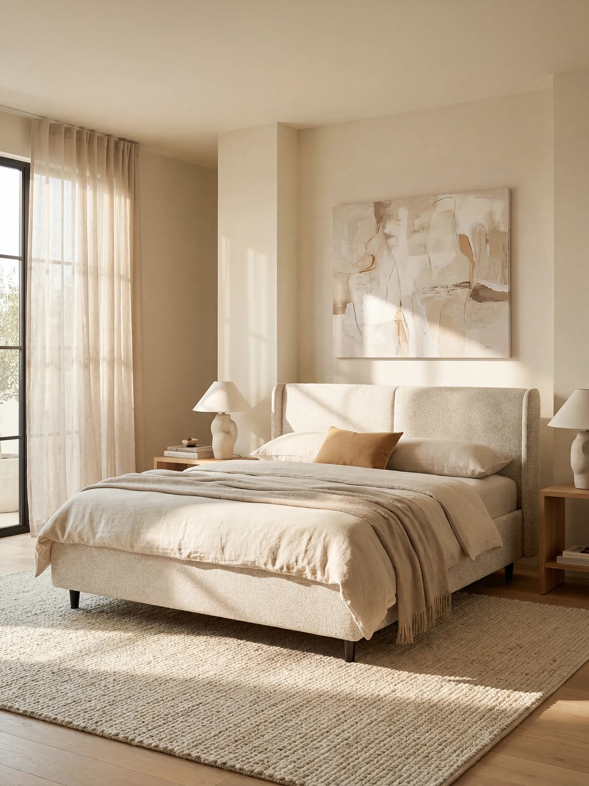 Una camera da letto inondata di luce, con pareti beige, ospita il letto di design VALKIRIA con vano contenitore e testiera avvolgente di Letti.store, impreziosito da due morbidi cuscini imbottiti e da un tessuto Oeko-Tex® in una delicata tonalità crema. La biancheria da letto dai toni neutri e un plaid color cuoio adornano il letto, affiancato da due comodini con lampade. Sotto il letto si stende un tappeto color crema dalla trama ricca, mentre tende trasparenti adornano le finestre e opere d’arte astratte