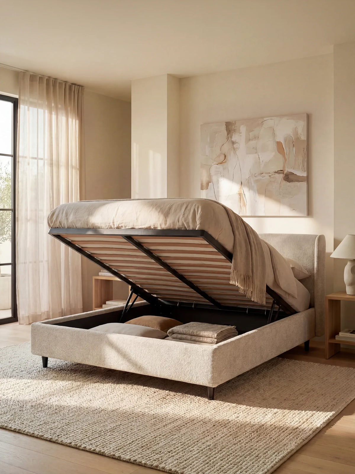 Il letto di design VALKIRIA con contenitore e testiera avvolgente di Letti.store, in un elegante beige, è raffigurato con il materasso sollevato che rivela l’ampio contenitore pieno di coperte piegate. La stanza è caratterizzata da pareti chiare, un tappeto dalla trama marcata, tende leggere e trasparenti, opere d’arte astratta alle pareti e una lampada appoggiata su un comodino in legno. La luce naturale filtra da una grande finestra, completando il design contemporaneo e accogliente dell’ambiente.
