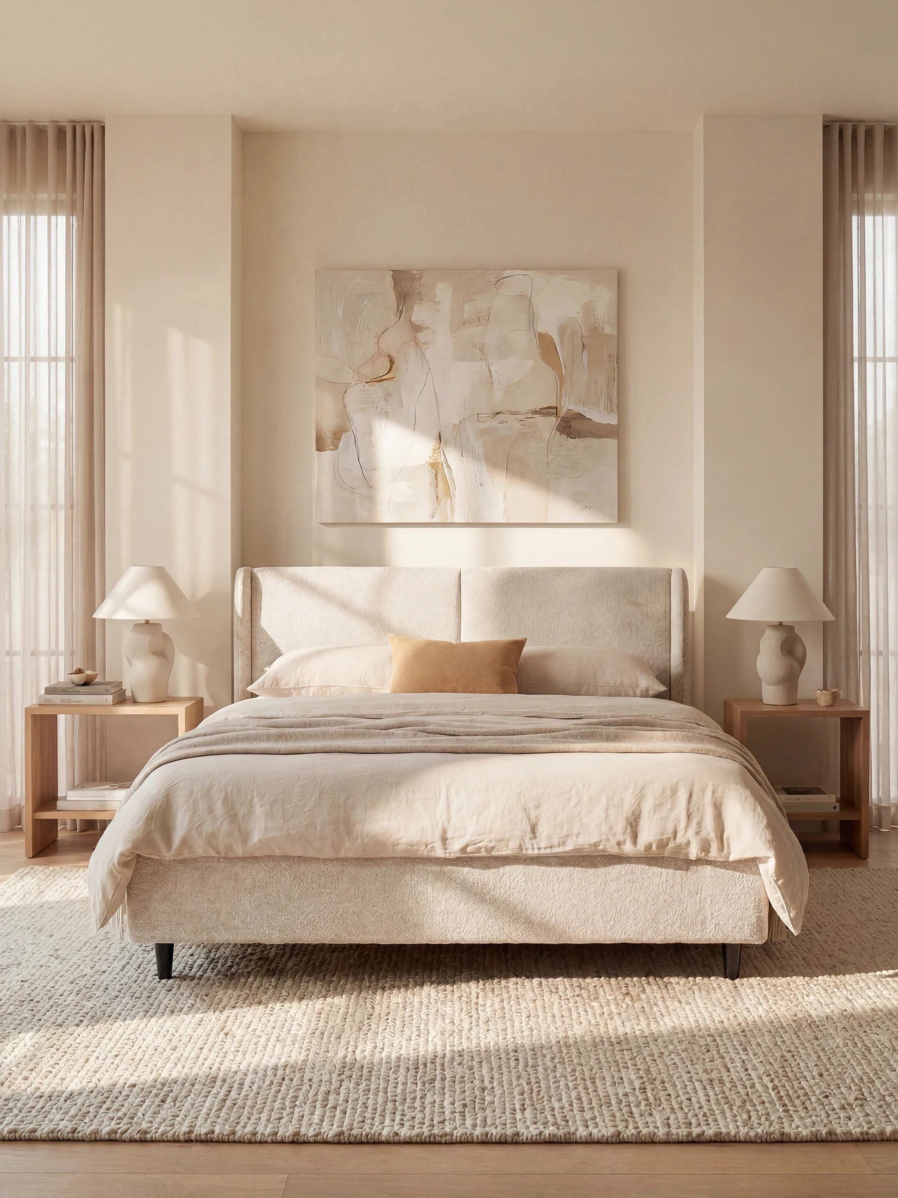 Una camera da letto moderna, dai toni del beige, inondata da una morbida luce solare. Al centro della stanza si trova il letto di design VALKIRIA con vano contenitore e testiera avvolgente – 2 cuscini imbottiti e tessuto Oeko-Tex® di Letti.store, rivestito con biancheria color crema. Ai lati, comodini in legno con lampade coordinate completano l’arredamento. Sopra la testiera spicca un’opera d’arte astratta. Tende leggere incorniciano le ampie finestre, mentre un tappeto intrecciato valorizza il pavimento