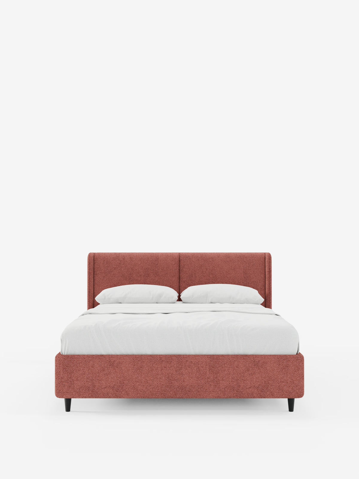 Il letto di design VALKIRIA di Letti.store è un letto imbottito in stile contemporaneo caratterizzato da una struttura in tessuto rosa tenue certificato Oeko-Tex®, due cuscini imbottiti bianchi e un materasso bianco. Poggia su quattro gambe corte nere, presenta una testiera avvolgente e un vano contenitore ed è fotografato di fronte su uno sfondo bianco a tinta unita per un look moderno e raffinato.