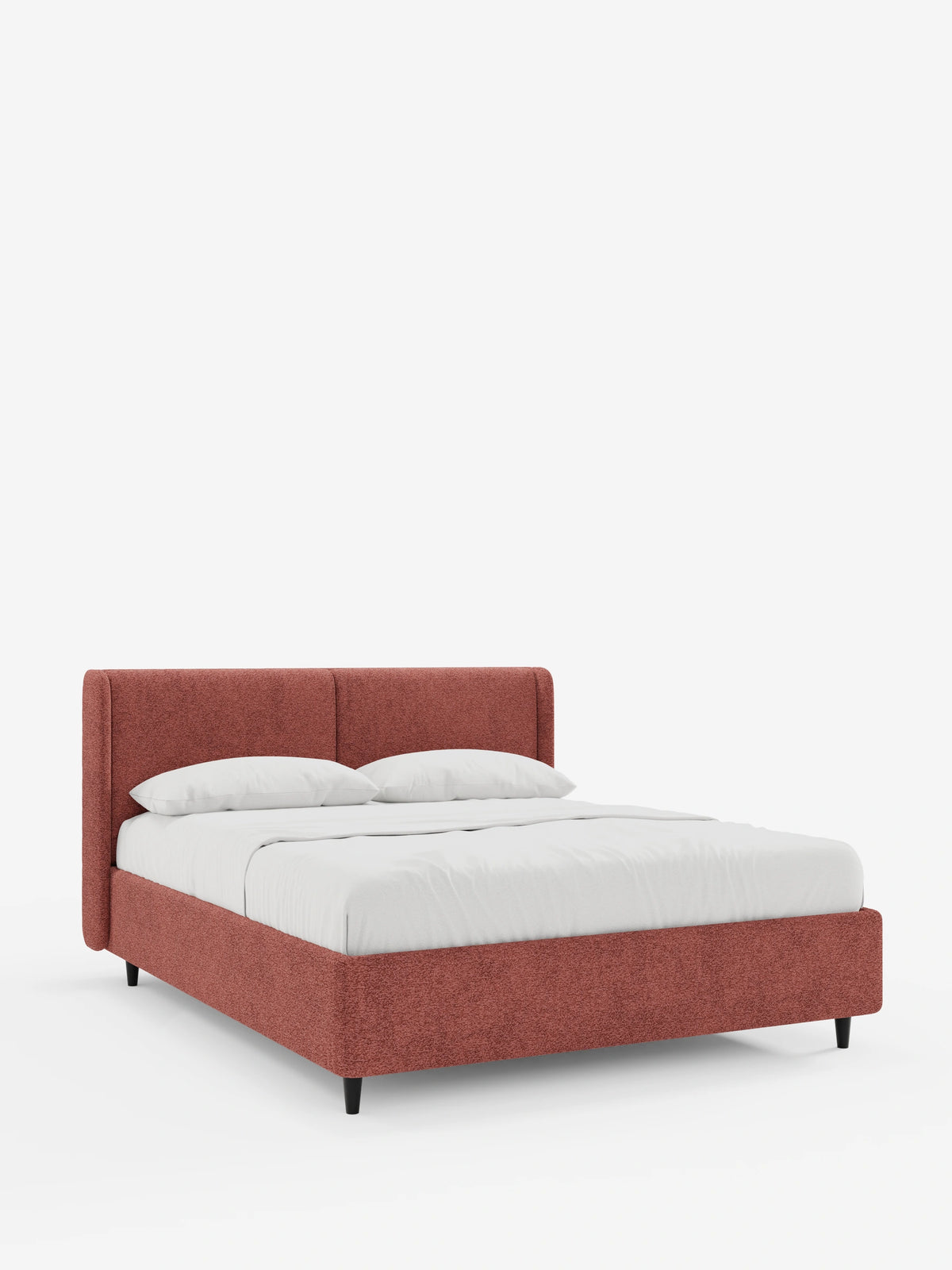VALKIRIA, letto di design con contenitore e testiera avvolgente: un letto matrimoniale in stile contemporaneo con struttura in tessuto ruvido color rosa antico, due cuscini bianchi e quattro gambe nere corte e affusolate su sfondo bianco.