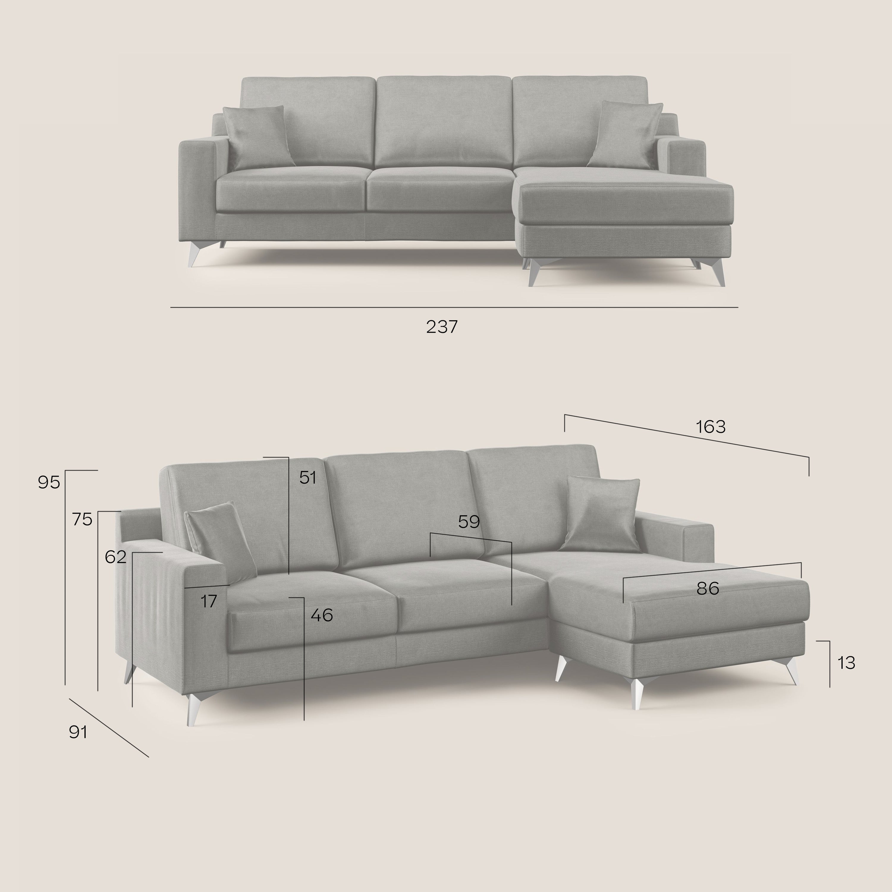 Michael divano moderno angolare con penisola in morbido velluto impermeabile T01 grigio - divani.store