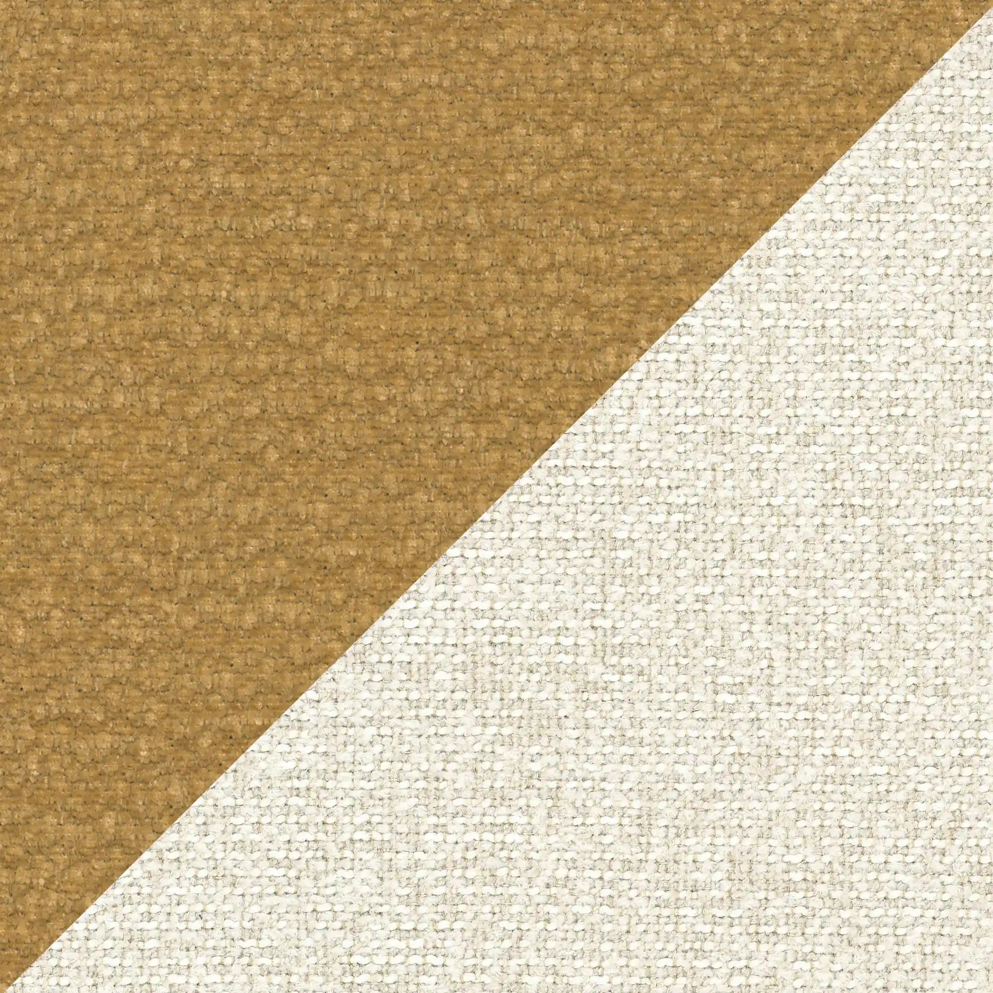 Una superficie strutturata, divisa in diagonale, mette in risalto il modello VALKIRIA di Letti.store: in alto a sinistra in un caldo marrone chiaro con trama simile a quella del tessuto, in basso a destra in beige chiaro; entrambe le metà riprendono lo stile a trama grossolana di questo letto imbottito bicolore.