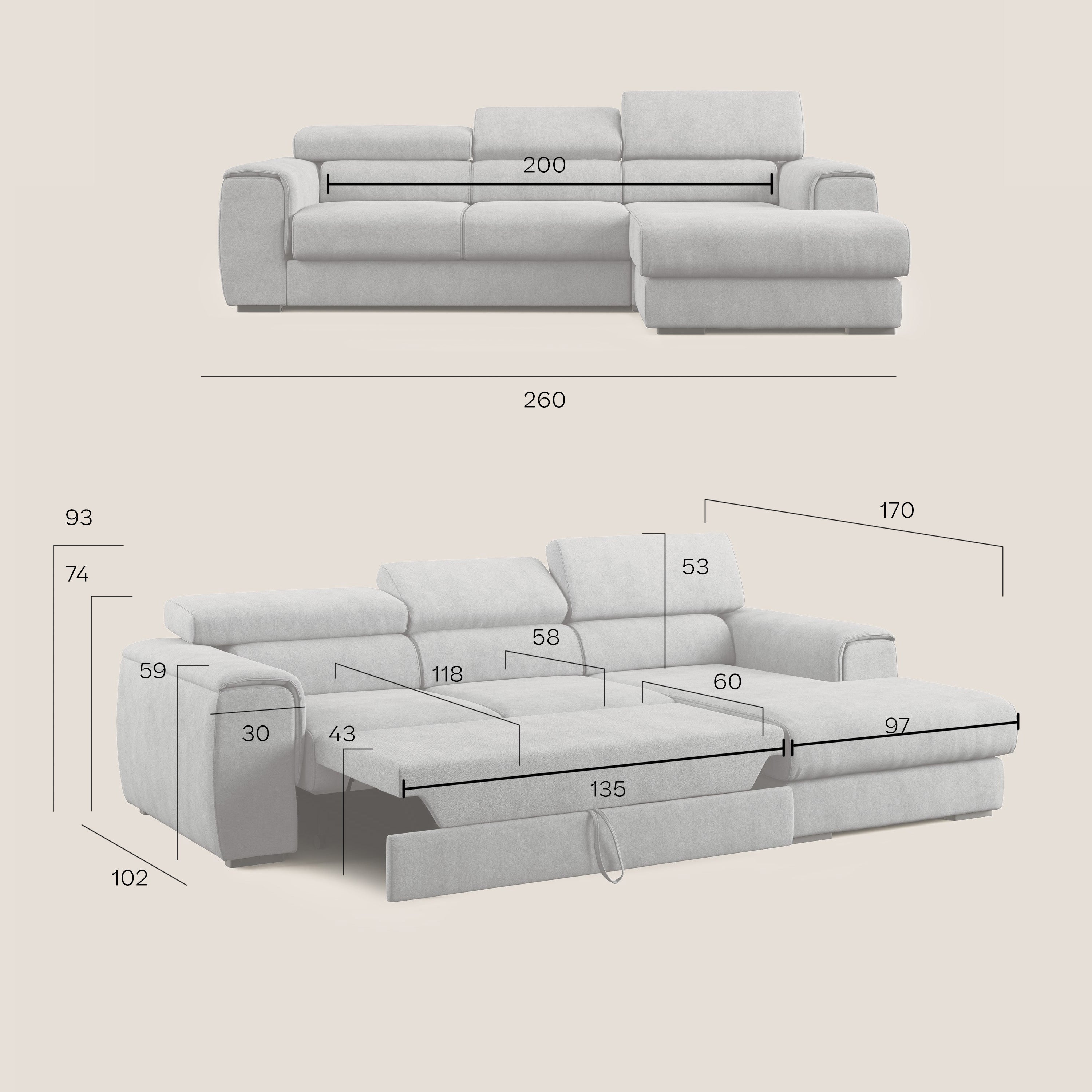 Zeno Divano angolare con pouf estraibile poggiapiedi in tessuto morbido impermeabile T02 grigio - divani.store