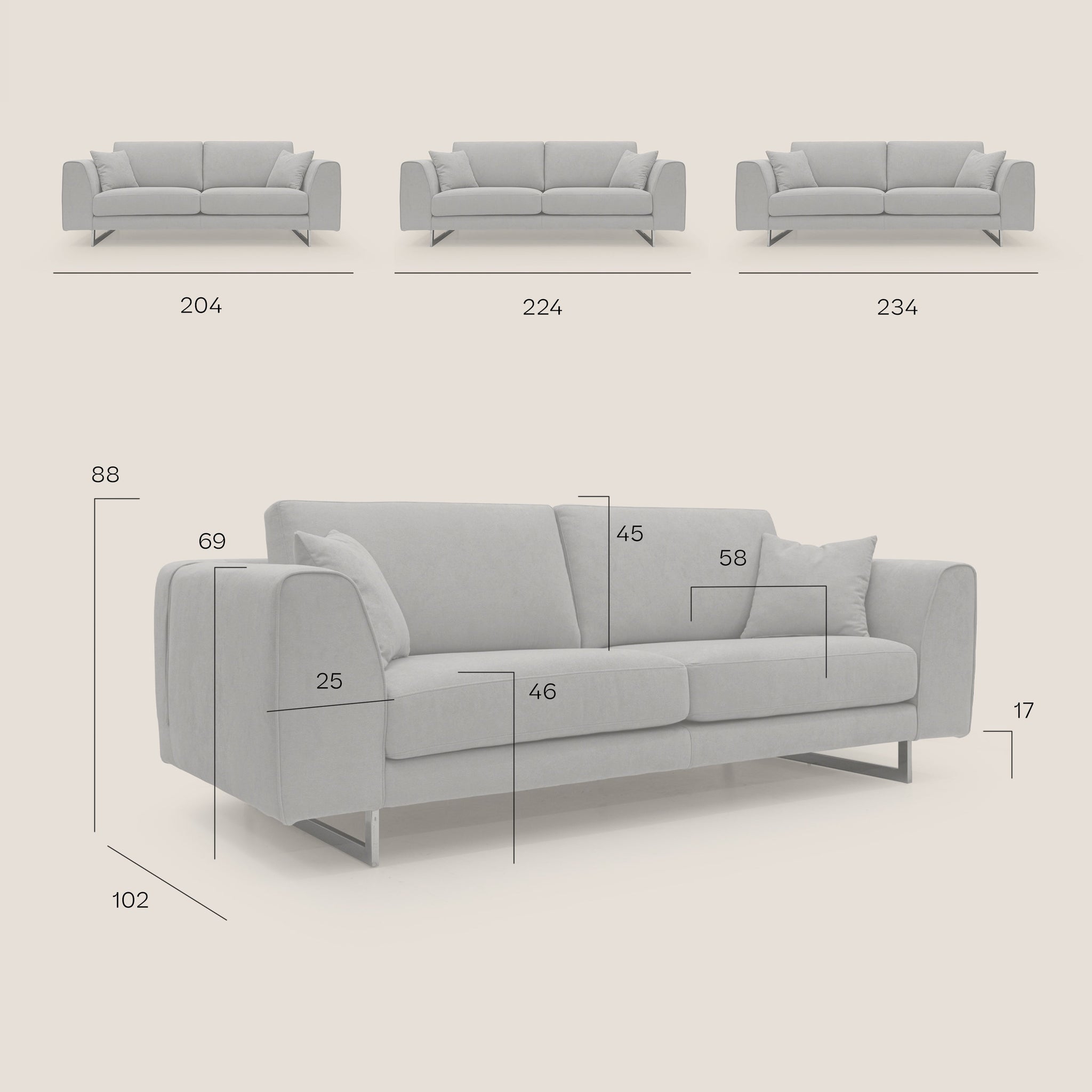 Armony Modernes Sofa mit Stahlkufen und aus wasserfestem Stoff T02