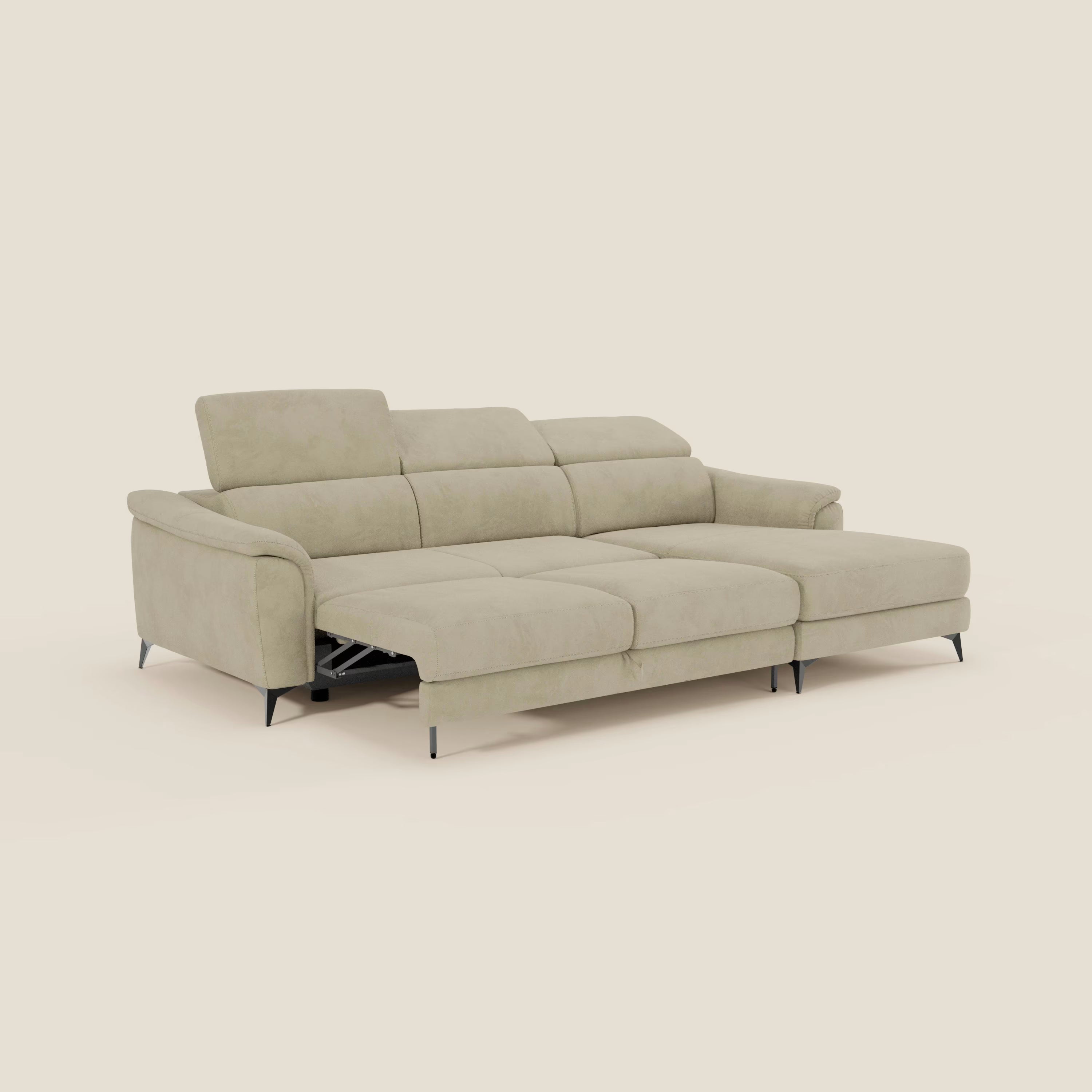 Arcos Sofa mit Halbinsel – hohe Füße und verstellbare Kopfstützen aus wasserfester Mikrofaser T11 beige