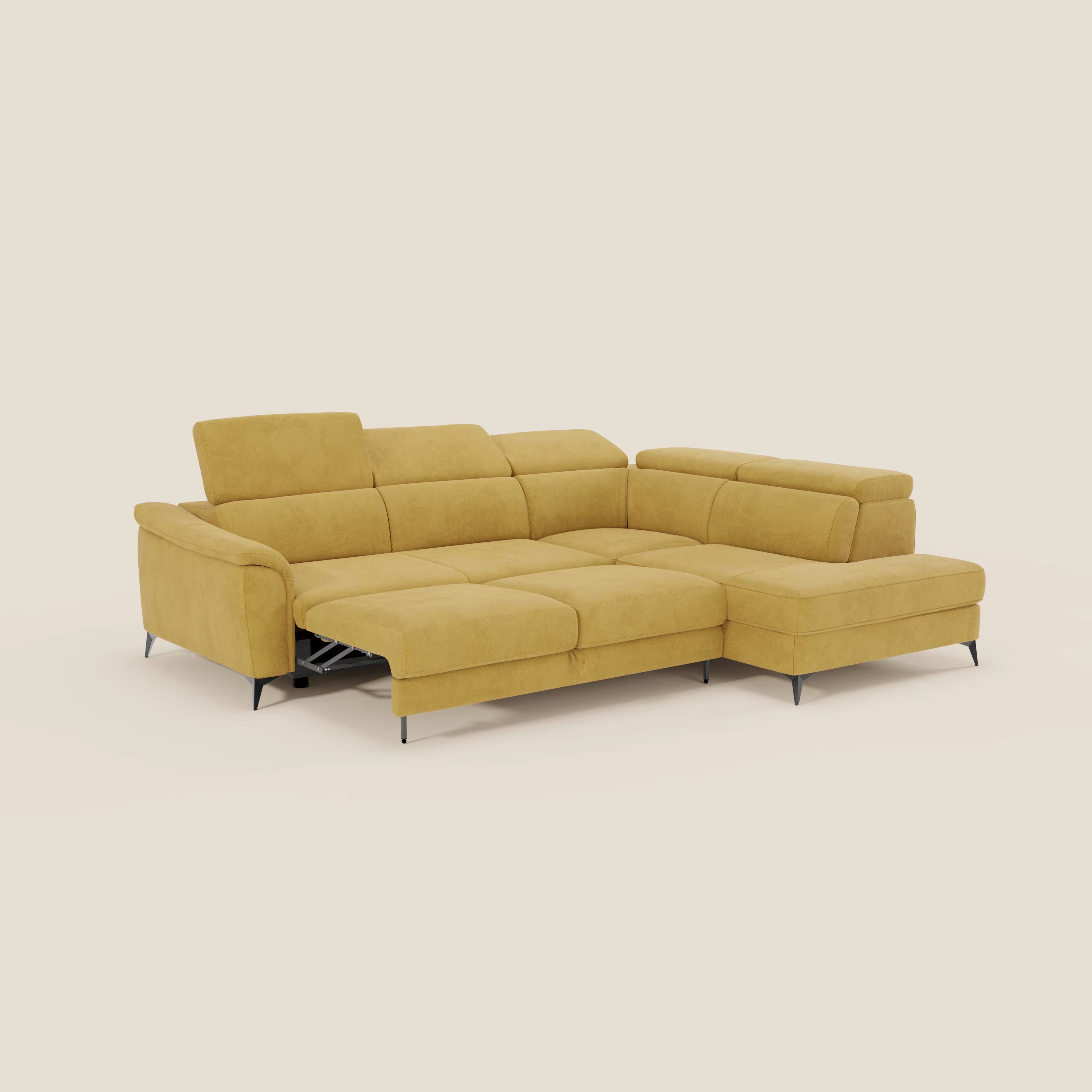 Arcos Ecksofa – hohe Füße und verstellbare Kopfstützen aus wasserfester Mikrofaser T11 gelb
