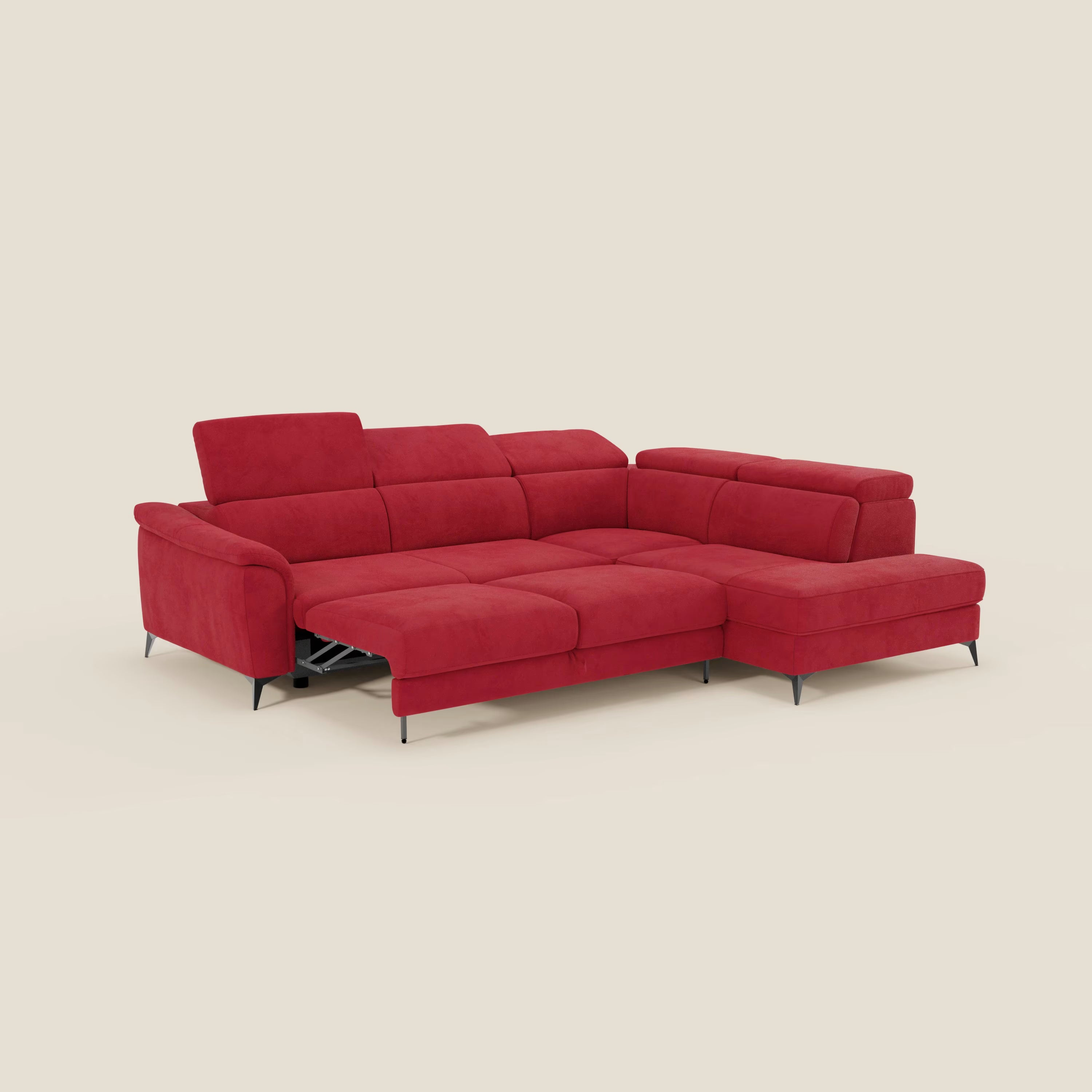 Arcos Divano angolare - piedini alti e poggiatesta reclinabili in microfibra impermeabile T11 rosso - divani.store