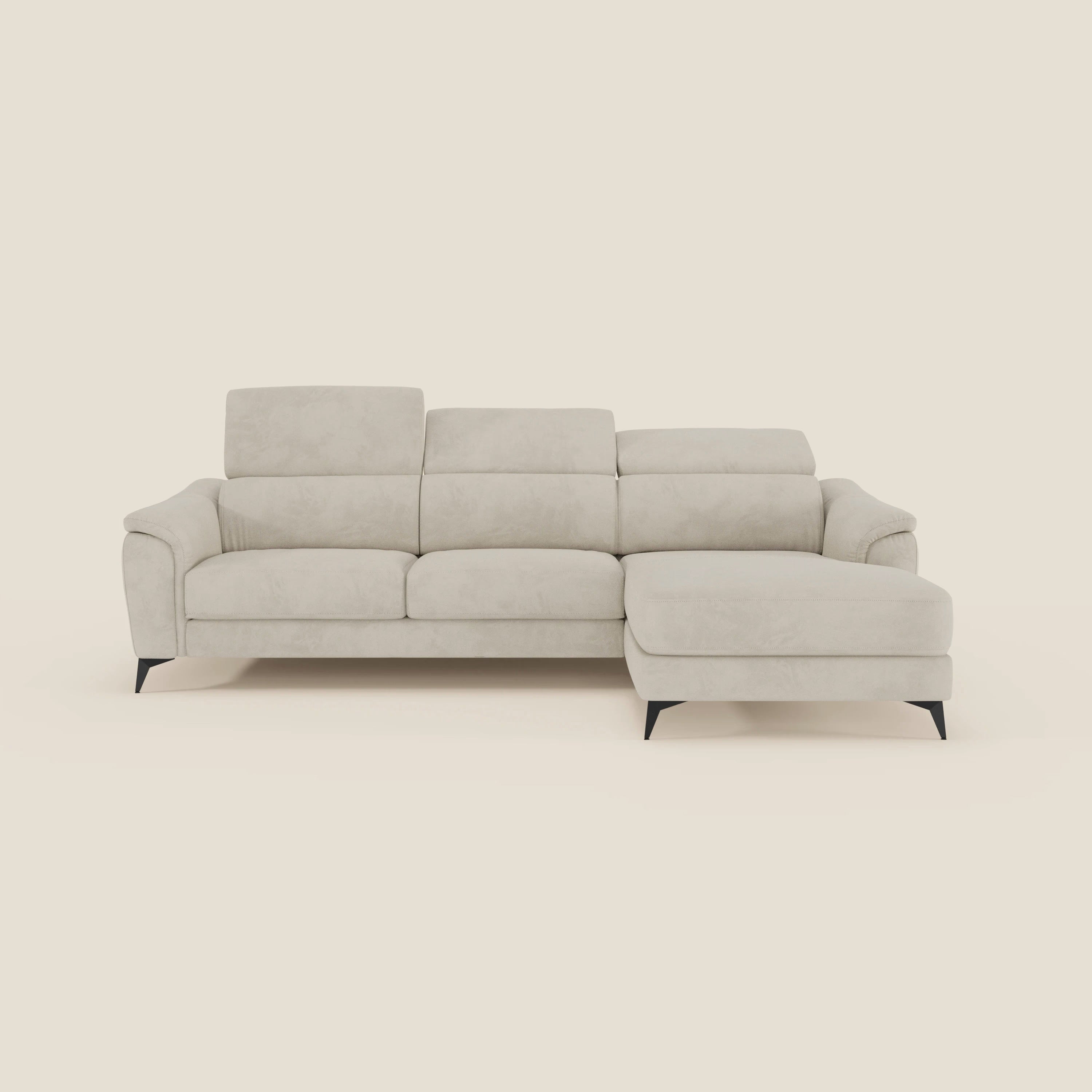 Arcos Sofa mit Halbinsel – hohe Füße und verstellbare Kopfstützen aus wasserfester Mikrofaser T11 creme