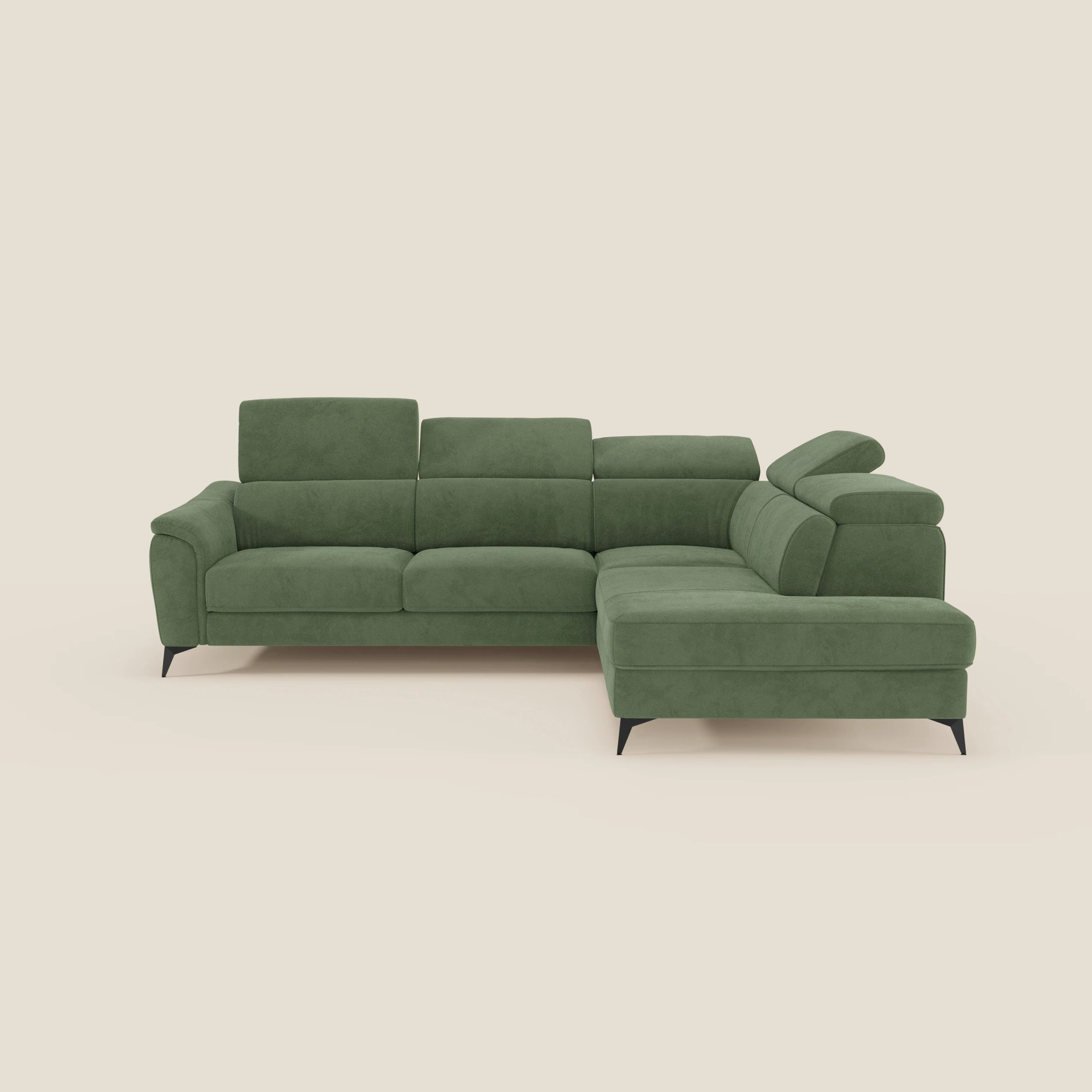 Arcos Ecksofa – hohe Füße und verstellbare Kopfstützen aus wasserfester Mikrofaser T11 grün