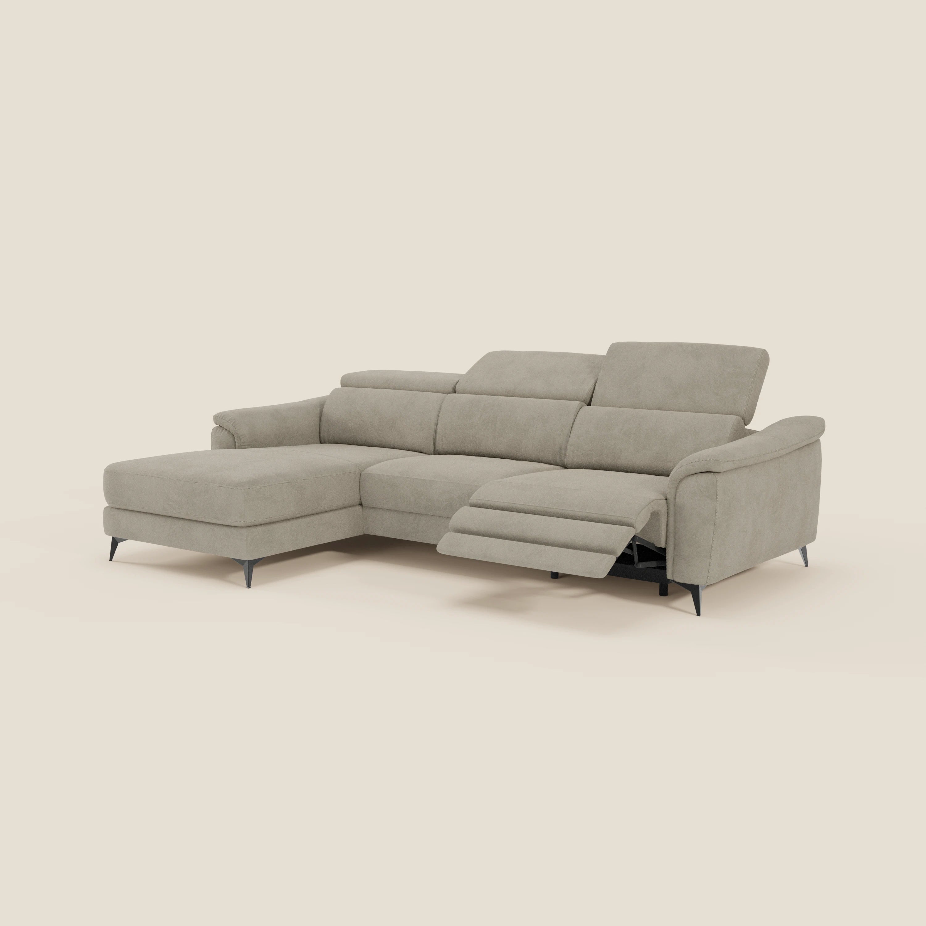 Arcos Sofa mit Halbinsel – hohe Füße und verstellbare Kopfstützen aus wasserfester Mikrofaser T11 graubeige