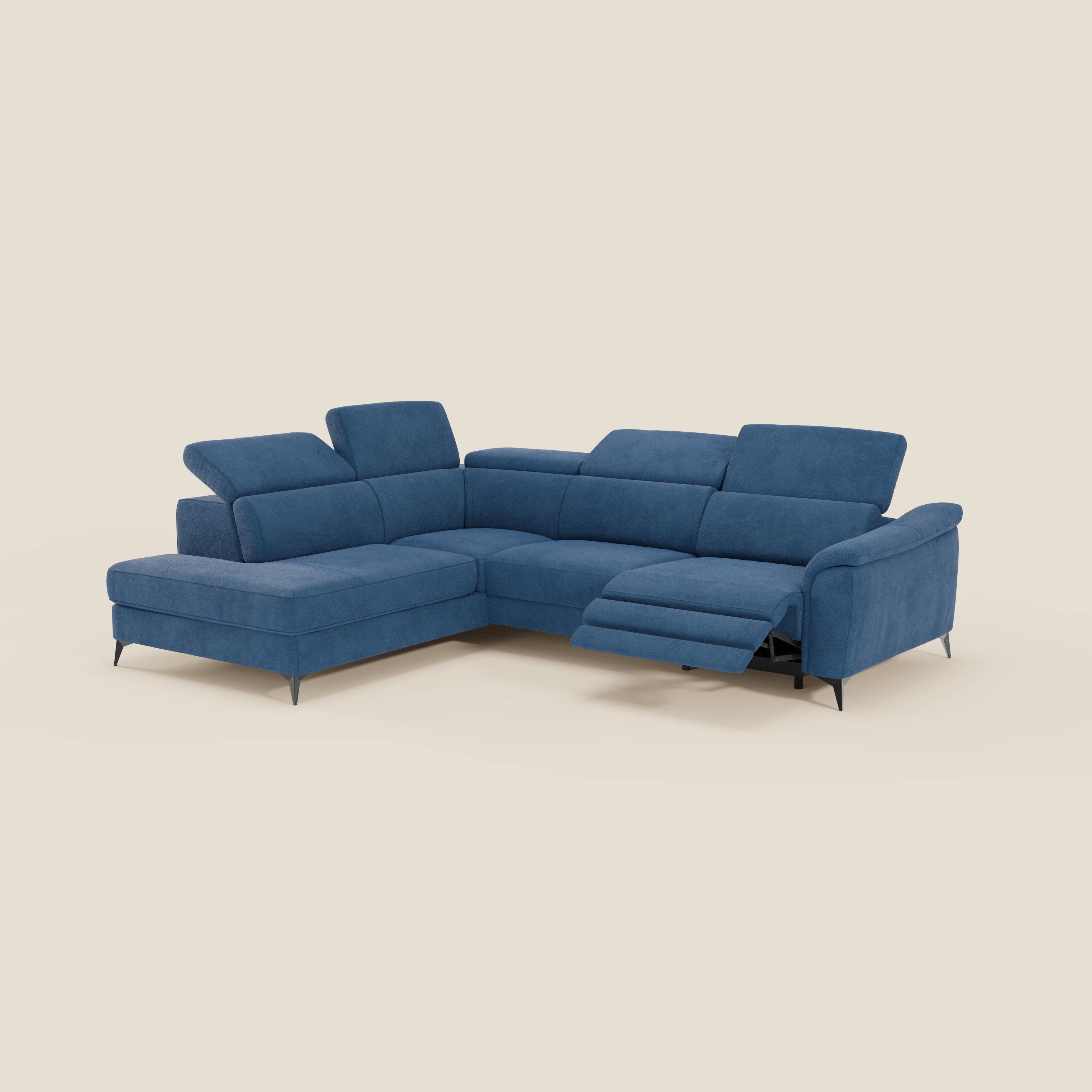 Arcos Ecksofa – hohe Füße und verstellbare Kopfstützen aus wasserfester Mikrofaser T11 blau