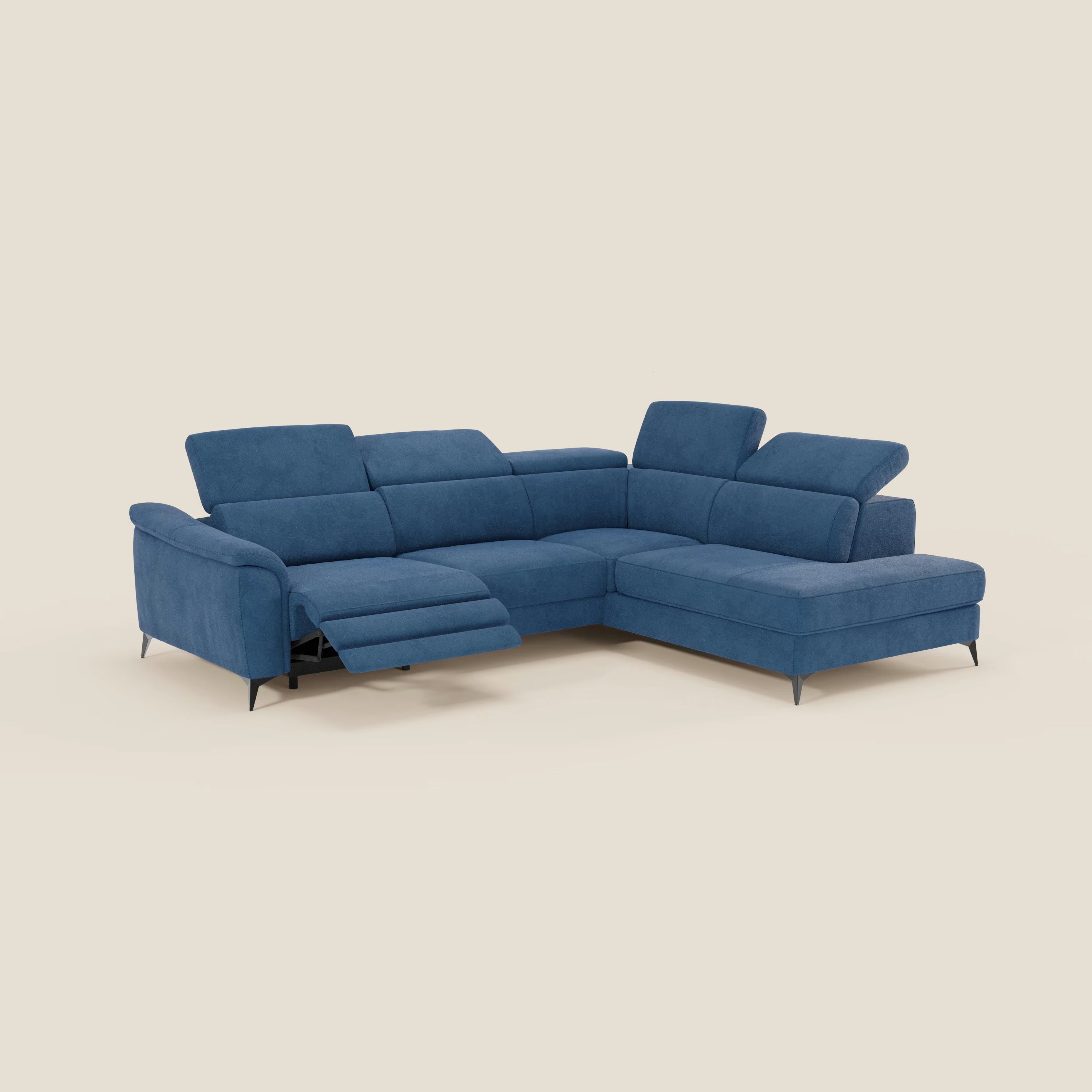 Arcos Ecksofa – hohe Füße und verstellbare Kopfstützen aus wasserfester Mikrofaser T11 blau