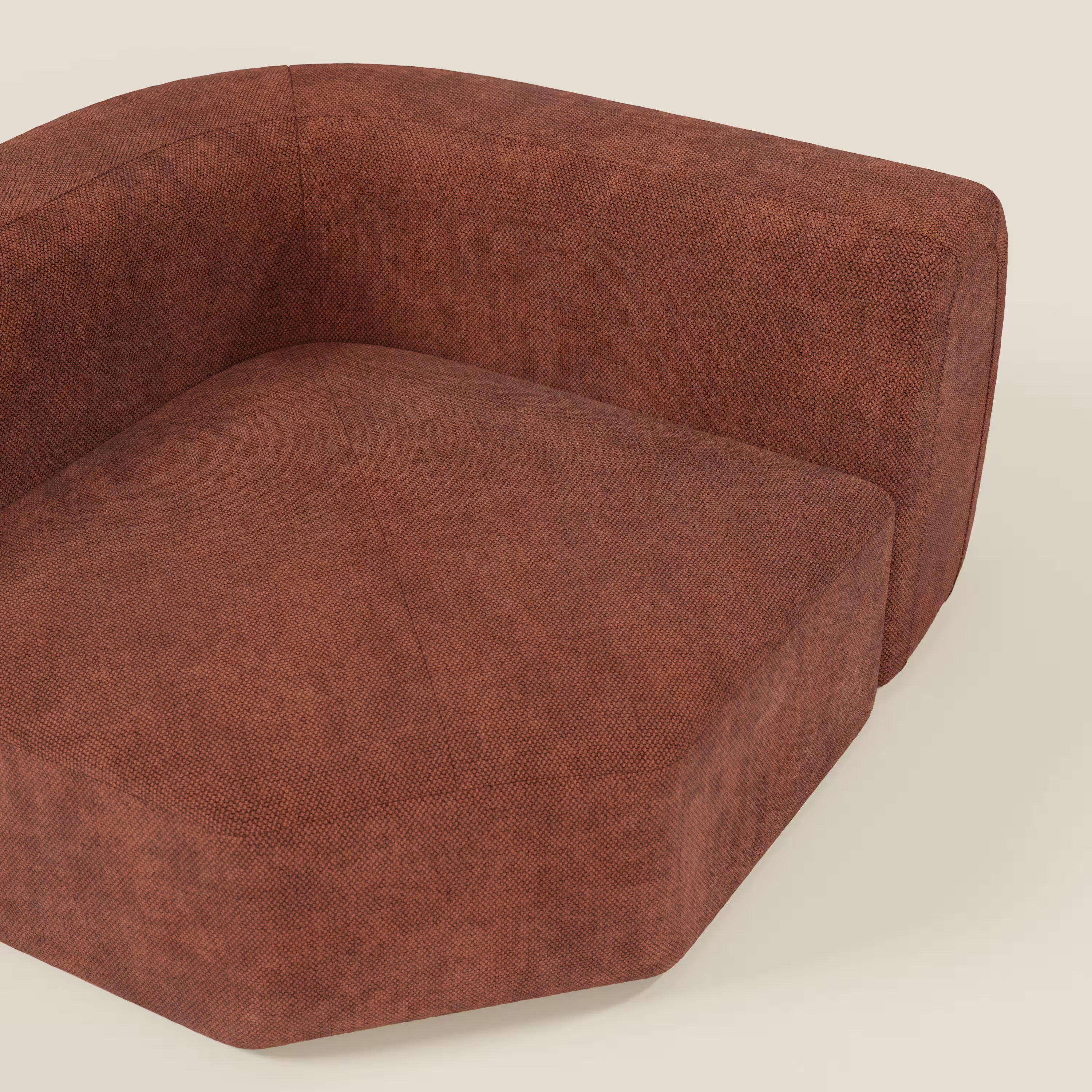 Primo piano della poltrona BonBon Modulo angolare di Divani.Store, una moderna poltrona modulare GF edition in tessuto ruggine dalle linee geometriche decise, su uno sfondo beige chiaro.