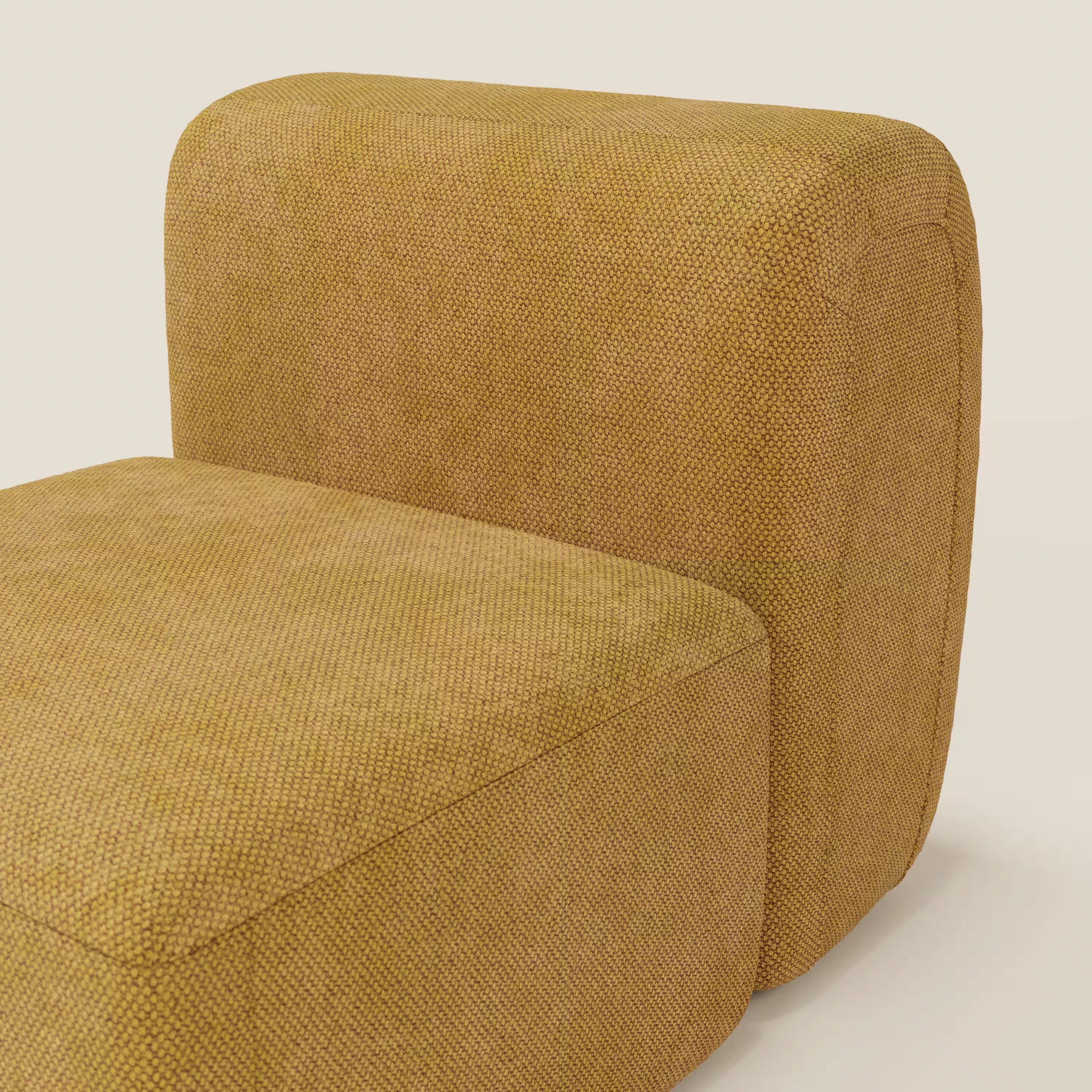 Primo piano di Divani.Store BonBon modulo centrale 70 cm - Grande Fratello edition giallo, sedia d'accento senza braccioli in tessuto giallo senape con bordi arrotondati e un design minimalista e squadrato, su uno sfondo beige chiaro.
