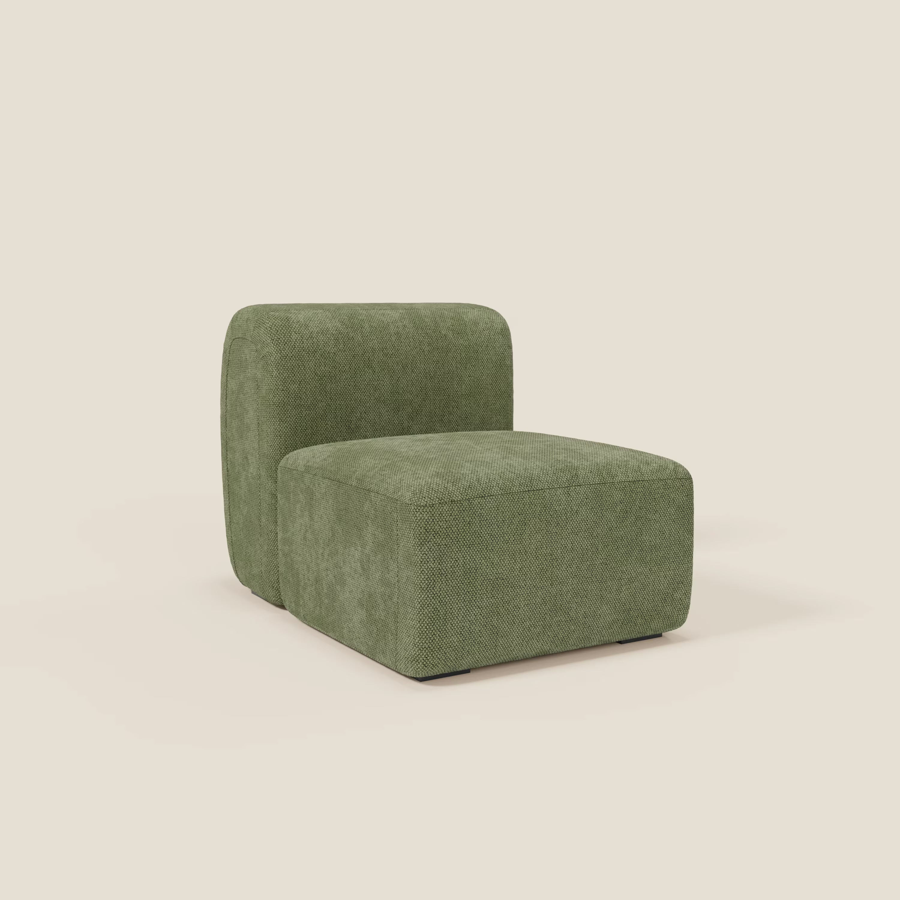 BonBon modulo centrale 70 cm - Grande Fratello edition verde muschio di Divani.Store è una moderna poltrona senza braccioli con spessi cuscini quadrati in tessuto verde oliva, profilo basso, bordi arrotondati e design minimalista.
