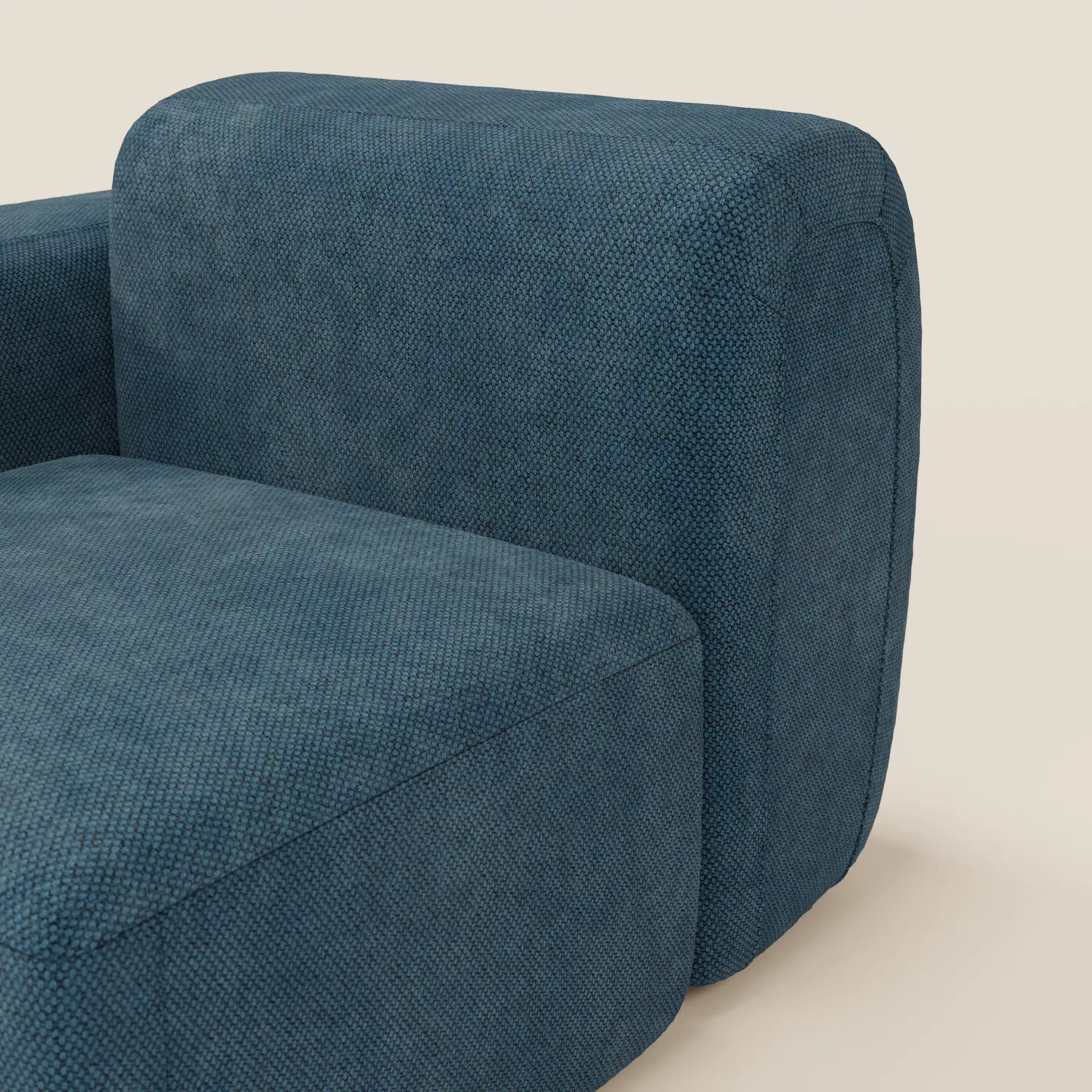 Primo piano del modulo terminale BonBon da 105 cm sinistro o destro - Grande Fratello edition petrolio di Divani.Store, caratterizzato da una finitura verde acqua scuro, bordi arrotondati e uno sfondo beige che mette in risalto questo design italiano contemporaneo.