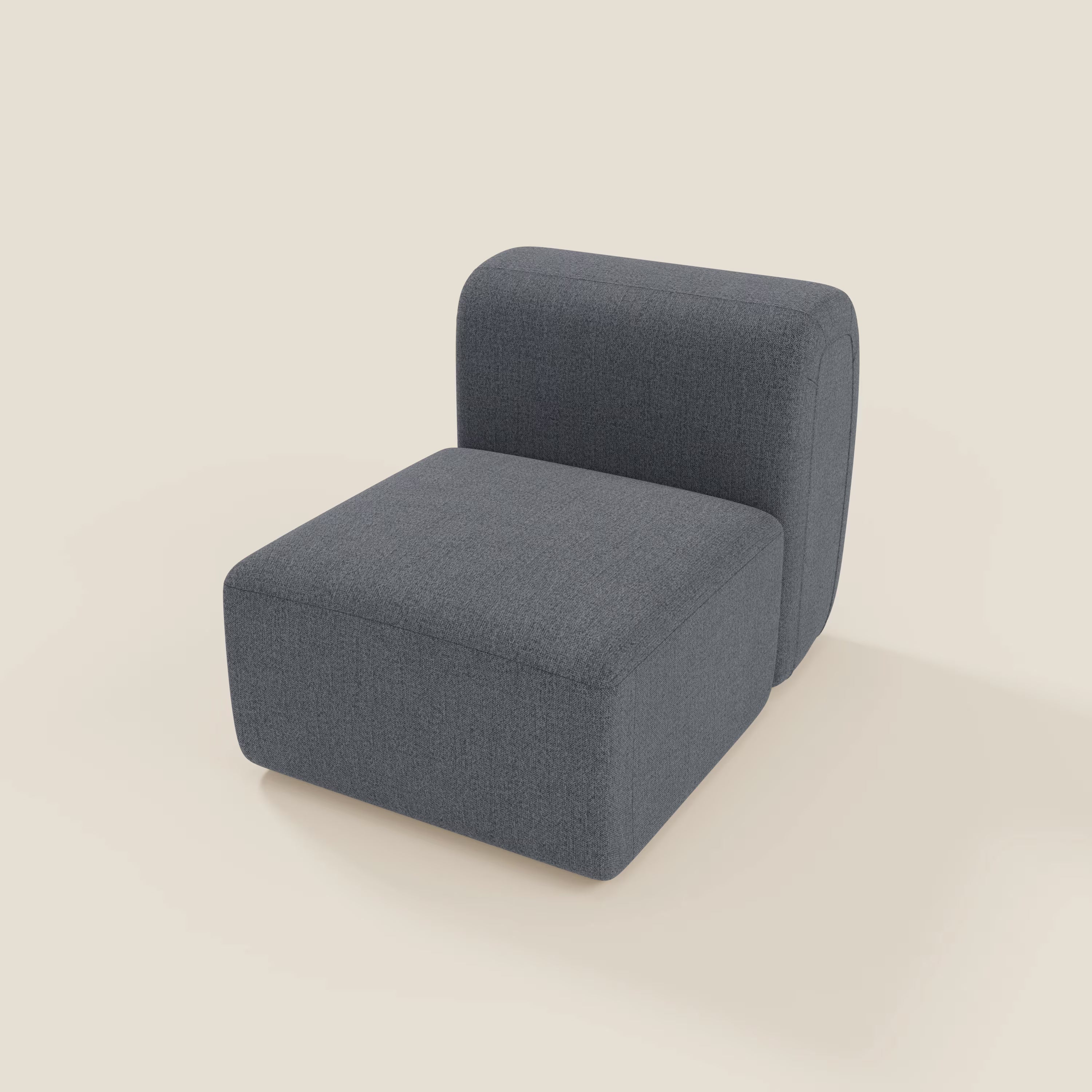 BonBon modulo centrale 70 cm di Divani.Store è una poltrona lounge contemporanea senza braccioli con seduta spessa e schienale curvo, rivestita in tessuto antimacchia T23 blu grafite, perfetta per interni moderni e minimalisti.