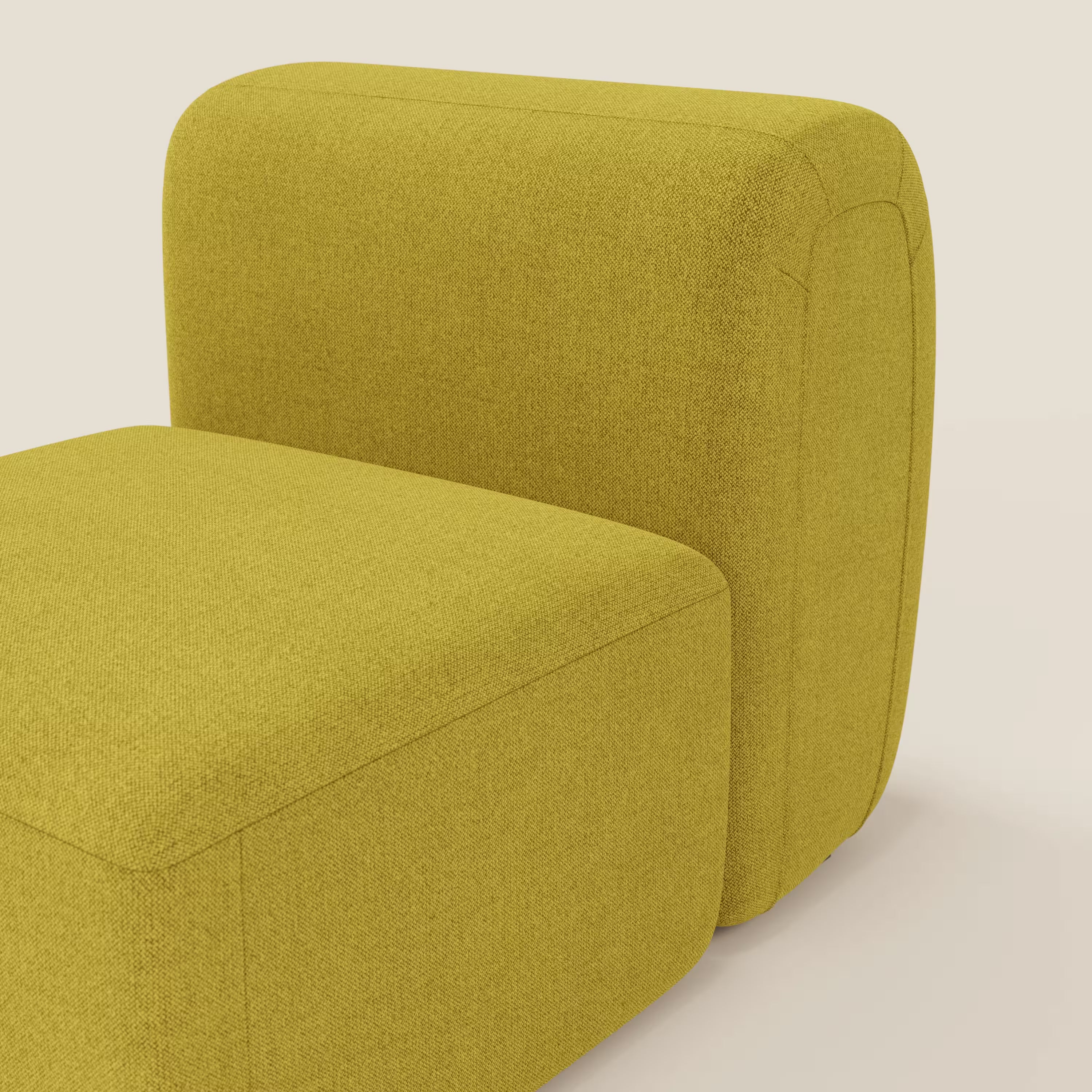 Il BonBon modulo centrale 70 cm di Divani.Store è una poltrona o elemento componibile in tessuto smacchiabile T23 giallo sole, dal design moderno e linee morbide, valorizzato da uno sfondo off-white che ne esalta il colore vivace.