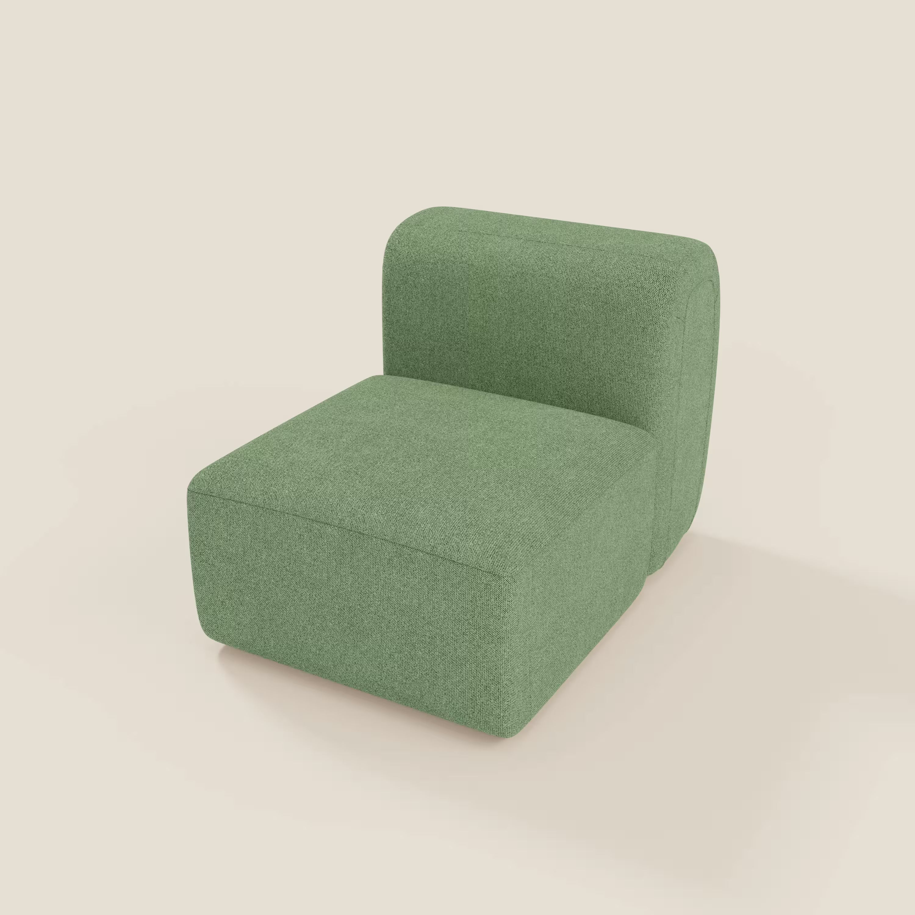 BonBon modulo centrale 70 cm di Divani.Store è una moderna poltrona senza braccioli rivestita in tessuto antimacchia T23 menta. Presenta una spessa seduta rettangolare e uno schienale basso e arrotondato, su un pavimento chiaro con uno sfondo color crema.