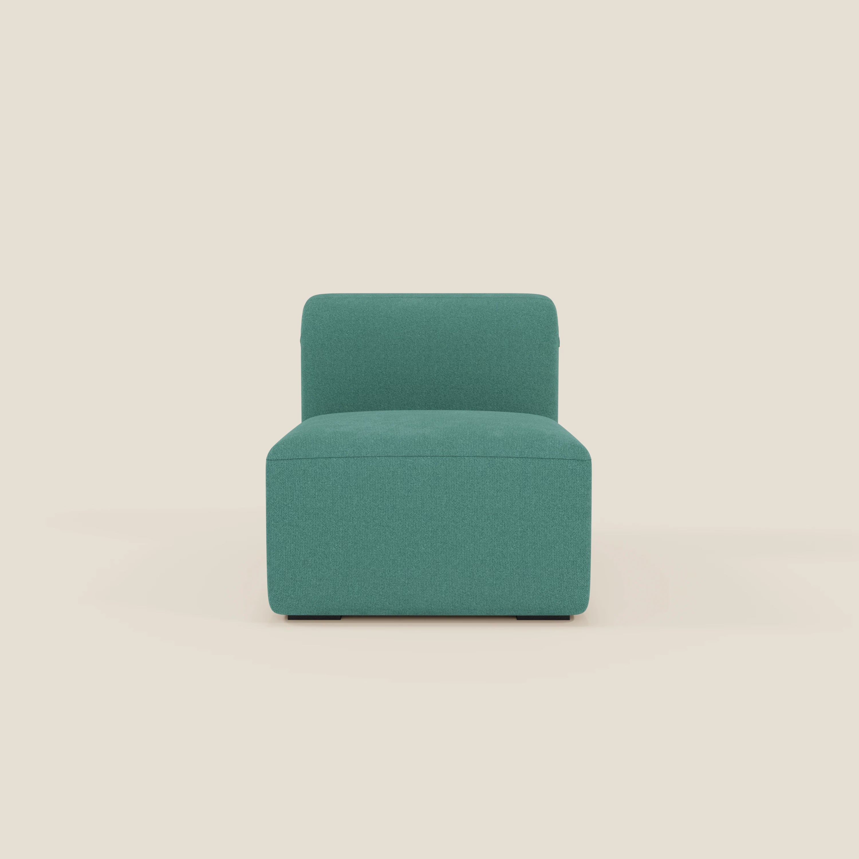 BonBon modulo centrale 70 cm di Divani.Store è una sedia minimalista senza braccioli in tessuto antimacchia T23 verde acqua, dal design squadrato e moderno con schienale basso, su uno sfondo beige chiaro.