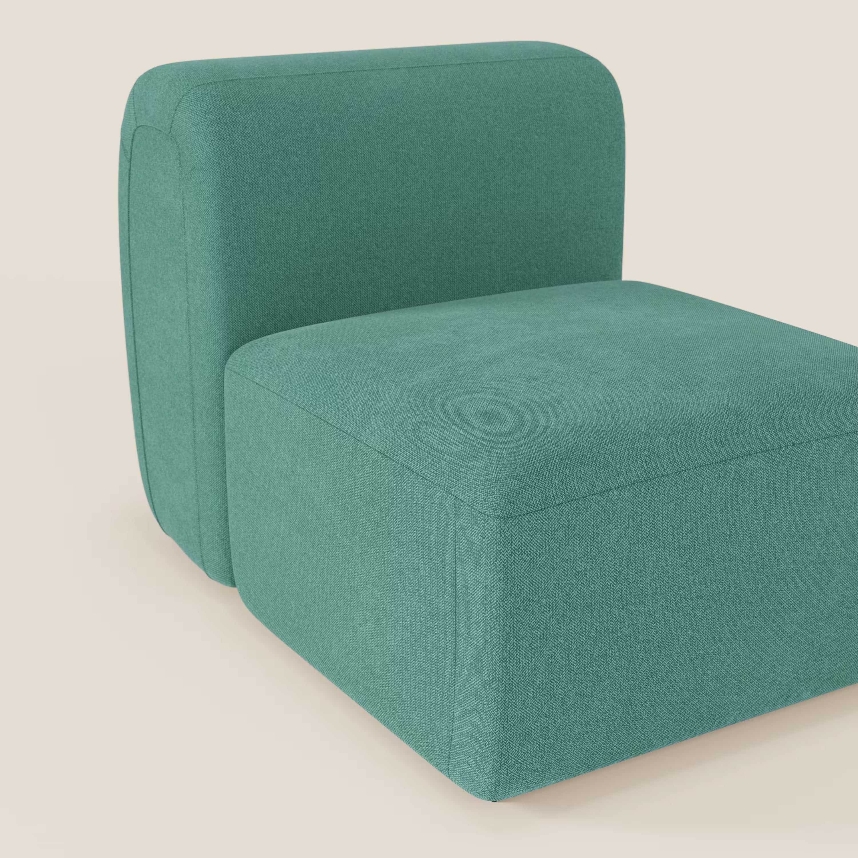 BonBon modulo centrale 70 cm di Divani.Store è una sedia senza braccioli minimalista e contemporanea, rivestita in tessuto T23 verde acqua, facile da pulire, con spessi cuscini di seduta e di schienale dai bordi lisci e dal design squadrato.