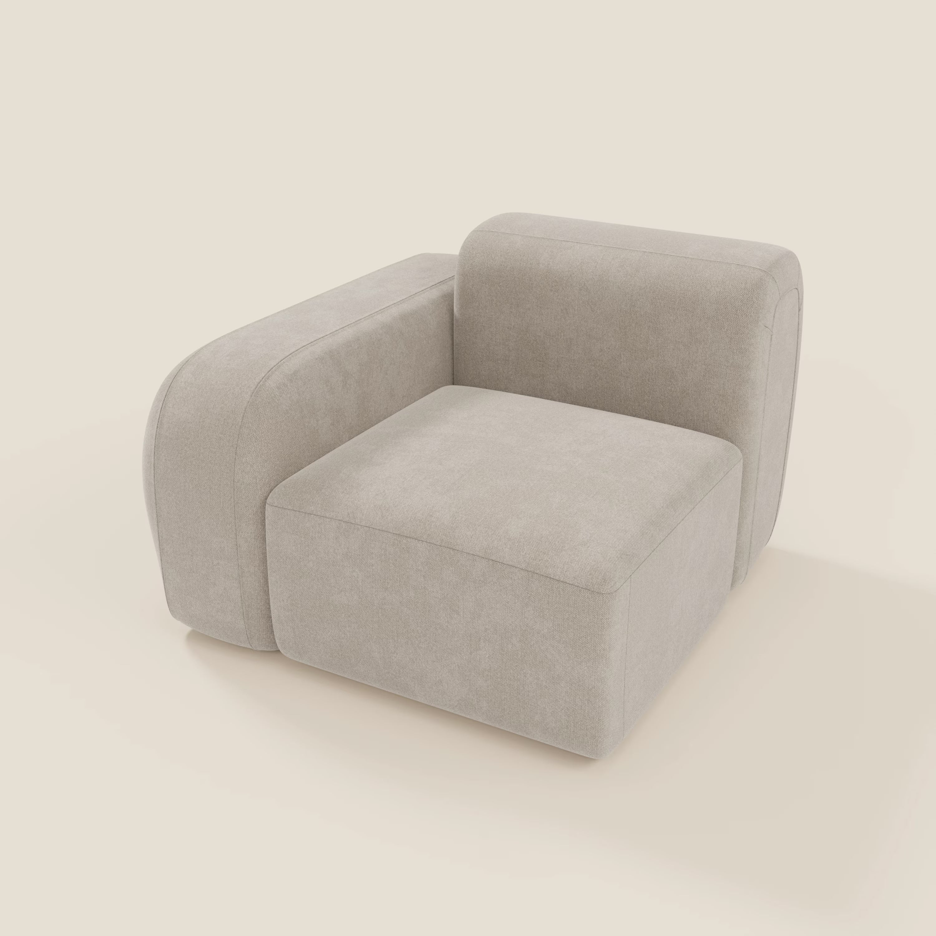 Il BonBon modulo terminale 105 cm sinistro o destro di Divani.Store è caratterizzato da un morbido tessuto panna T23 antimacchia, un'ampia seduta squadrata e uno spesso bracciolo destro o sinistro per un comfort minimalista e uno stile contemporaneo.