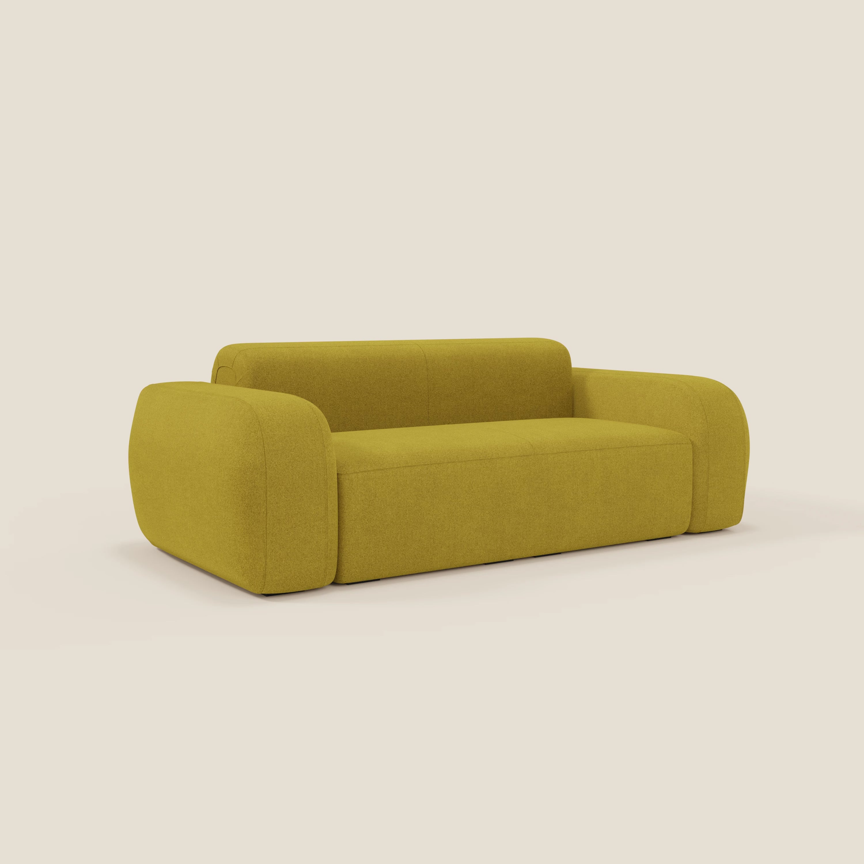 Il BonBon Divano modulare Lineare 220 di Divani.Store è un divano moderno e compatto in una vivace suola giallo T23, con braccioli e schienale arrotondati, morbido tessuto antimacchia e design minimalista, perfettamente evidenziato su uno sfondo bianco.
